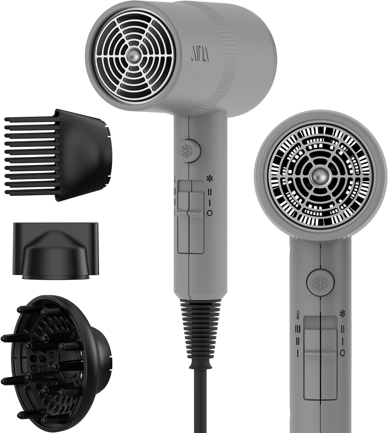 AINA Hair Dryer with Diffuser - Advanced Ionic Technology & Ceramic Coating | Fast Drying & Shine 110V/Ash Grey