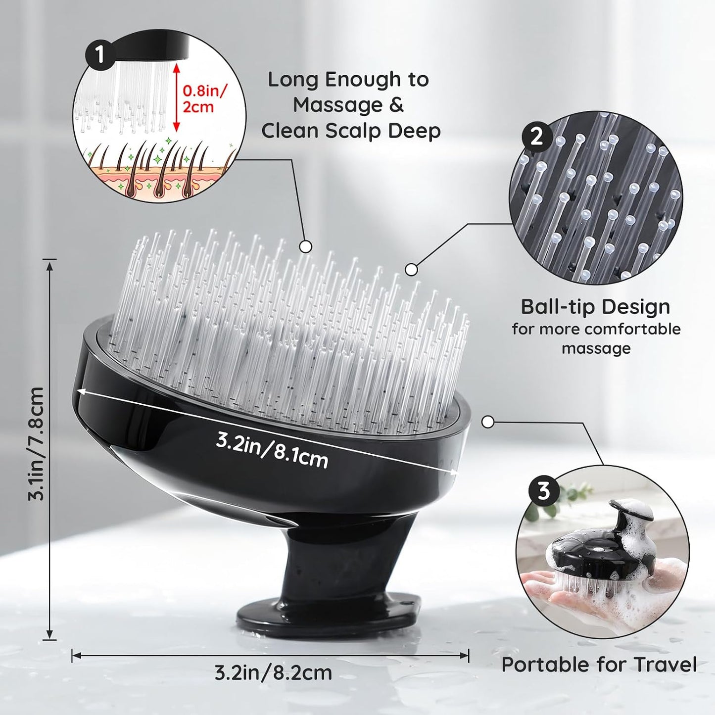 Scalp Massager Shampoo Brush - Dual-Layer Nylon Bristles for Hair Growth & Dandruff Removal | Black