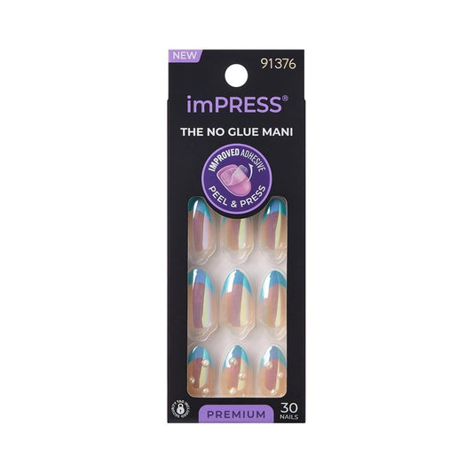 Kiss Impress No Glue Mani Press-On Nails - 'Best Life' Almond Shape, Blue | Medium Size, 30 Nails & Accessories