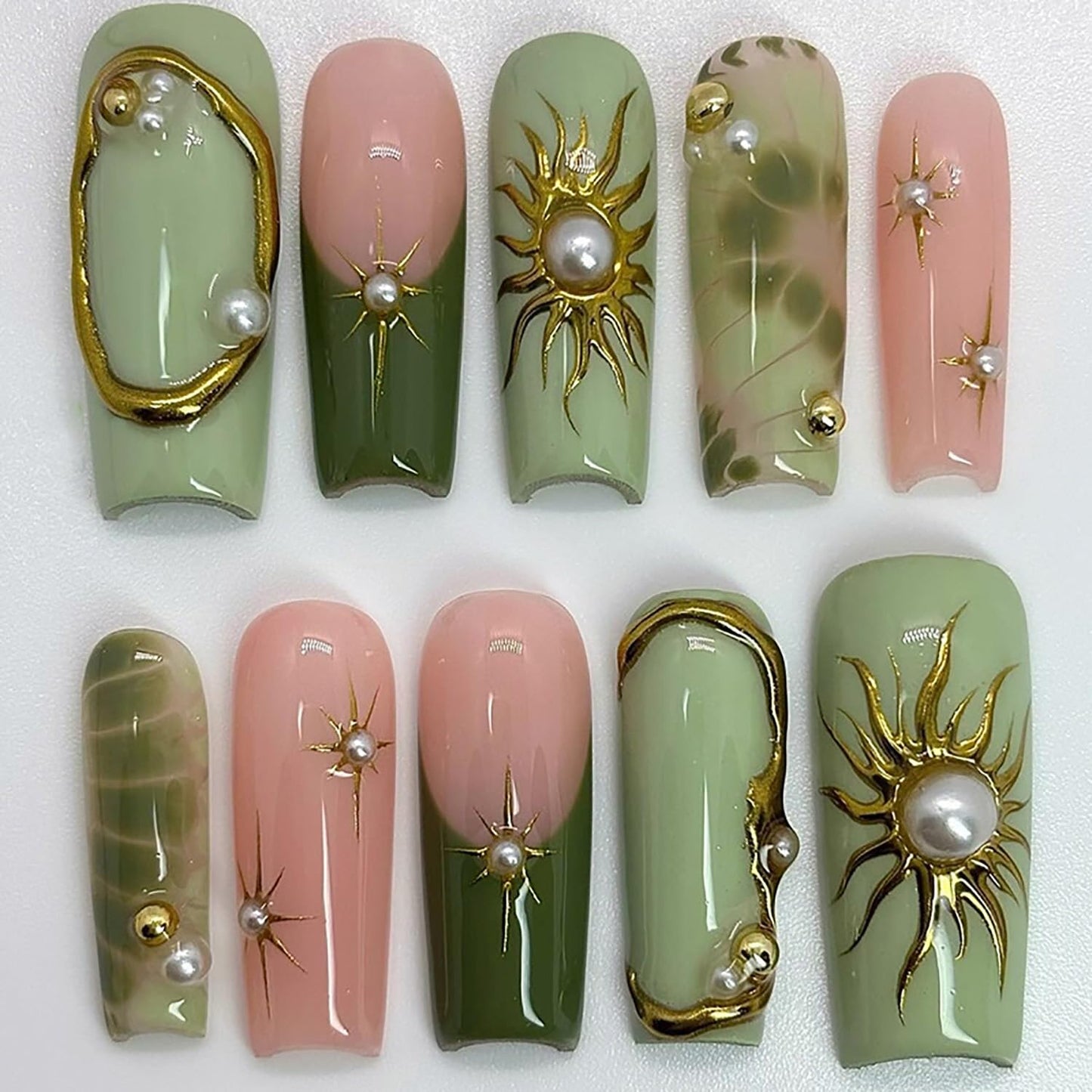 Summer Beach Press-On Nails Set - 24Pcs Medium Almond Floral Design with 3D Starfish & Seashell | Full Cover Ocean Manicure for Women