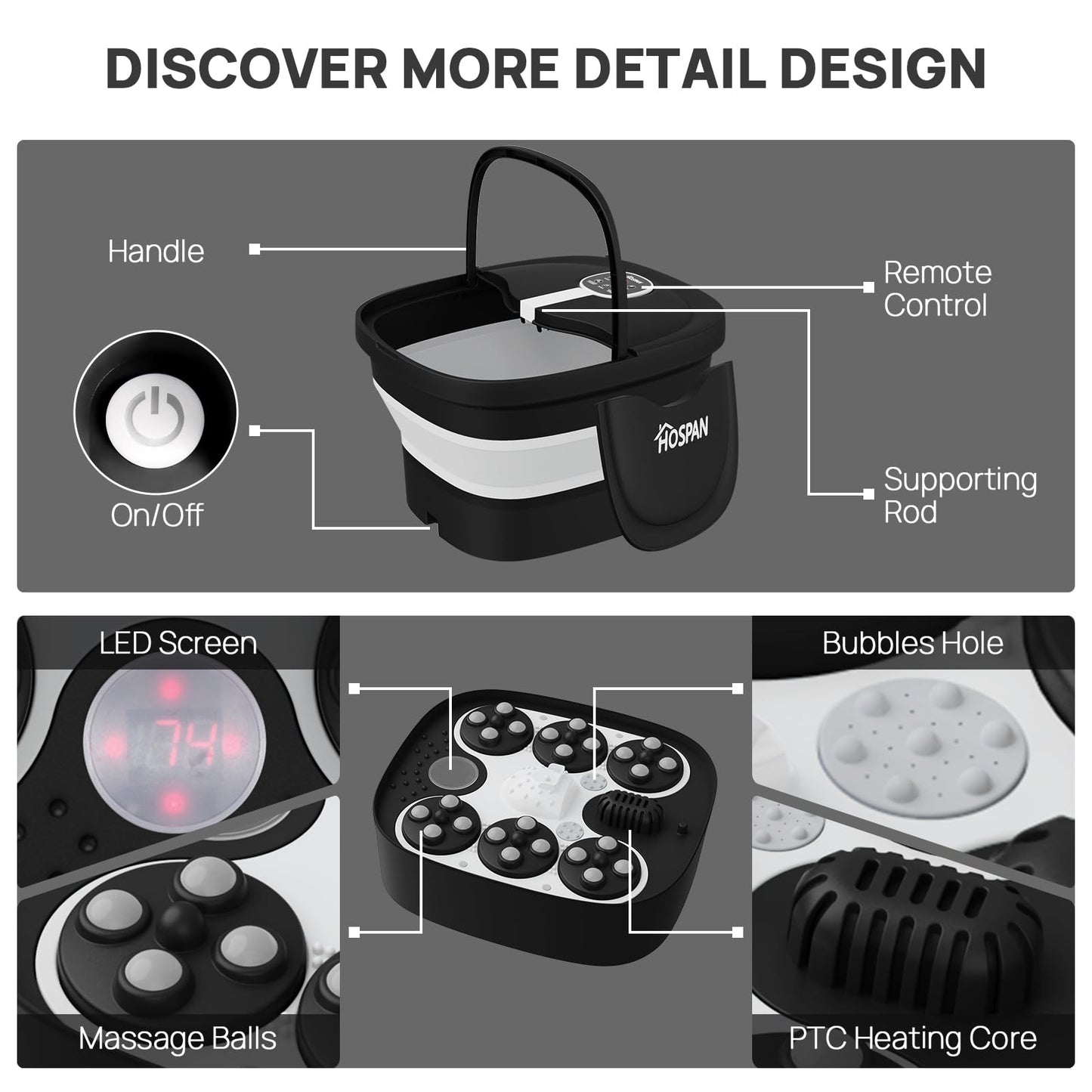 HOSPAN Collapsible Foot Spa Electric Rotary Massage, Foot Bath with Heat, Bubble, Remote, and 24 Motorized Shiatsu Massage Balls. Pedicure Foot Spa for Feet Stress Relief