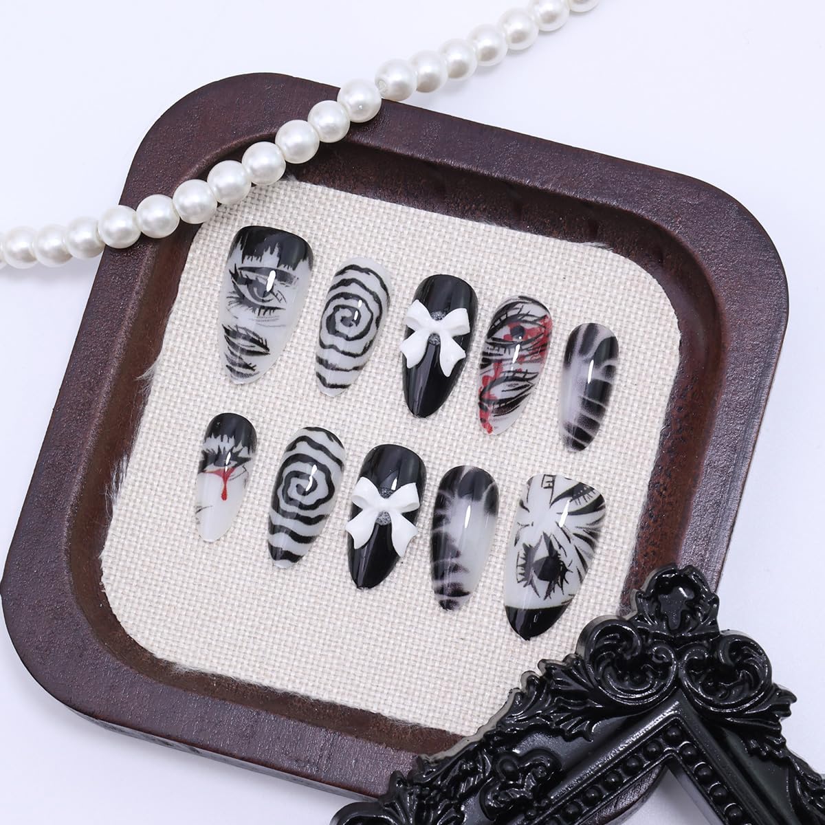 Gothic Press-On Nails - 30Pcs Medium Almond Fake Nails with Cute Bow Design | Black & White Horror Goth Styles