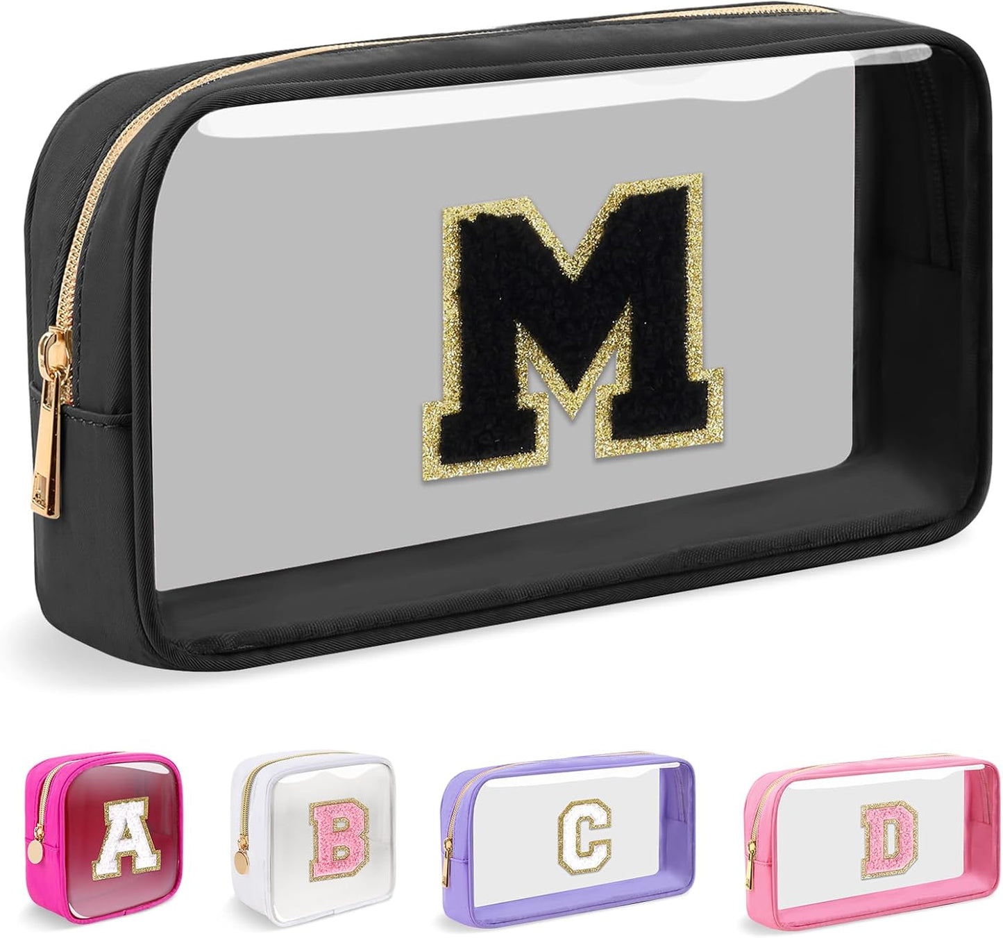 Personalized Initial Makeup Bag - Waterproof Nylon Cosmetic Pouch | A-Z Chenille Letter Patch, White-Pink G