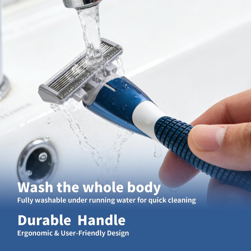 FYNEDGE 6-Blade Manual Razor for Men with Lubricating Strip, 1 Ergonomic Non-Slip Handle Includes 2pack Razor Blade Refill Cartridges, with Hanging Hook & Cleaning Brush, Full Washable Design