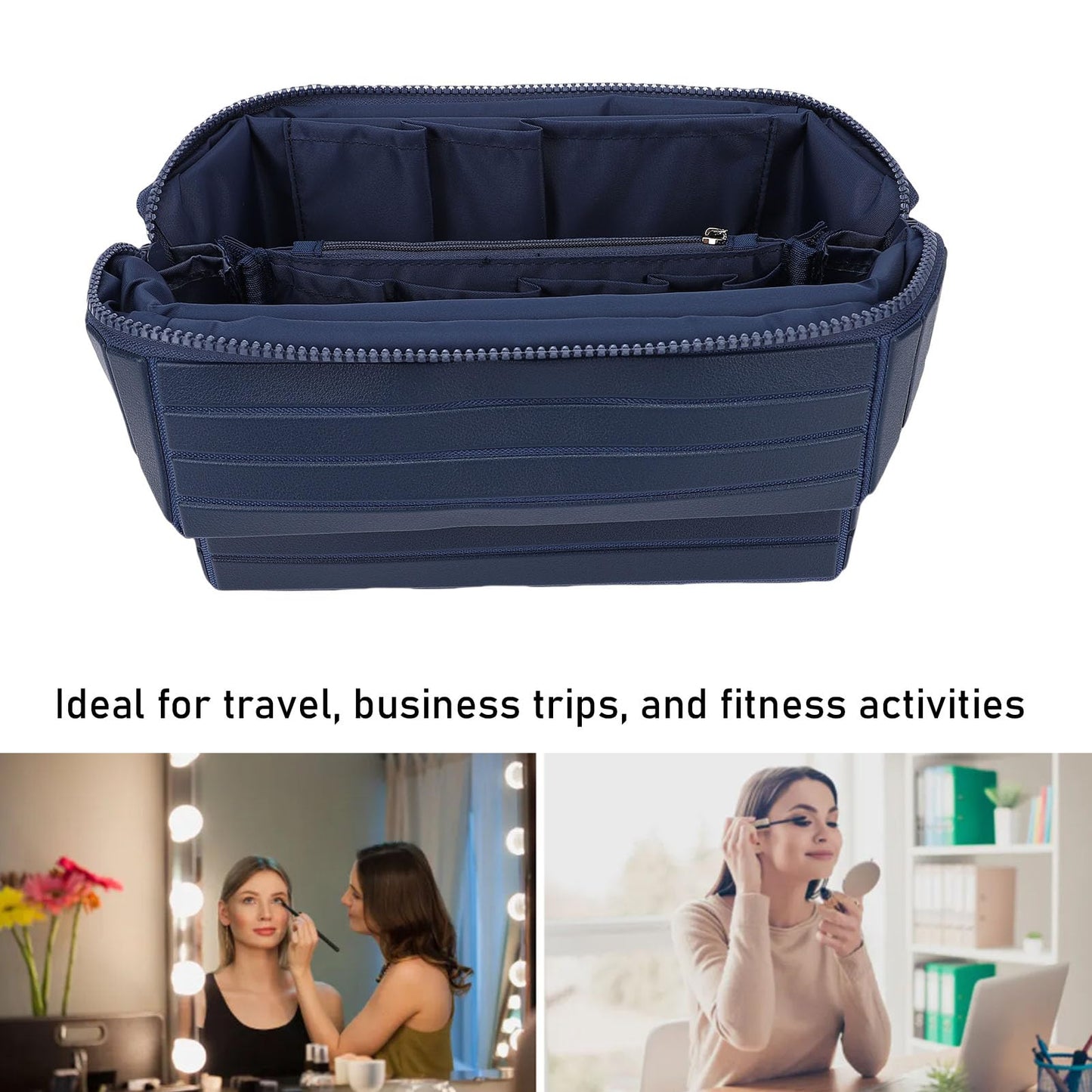 Yechiry Foldable Makeup Bag, Water Proof Makeup Organizer, Large Capacity Travel Size Toiletries with Zip Closure Instantly Lays Flat Cosmetic Case for Women Toiletries Organizer (Navy Blue)