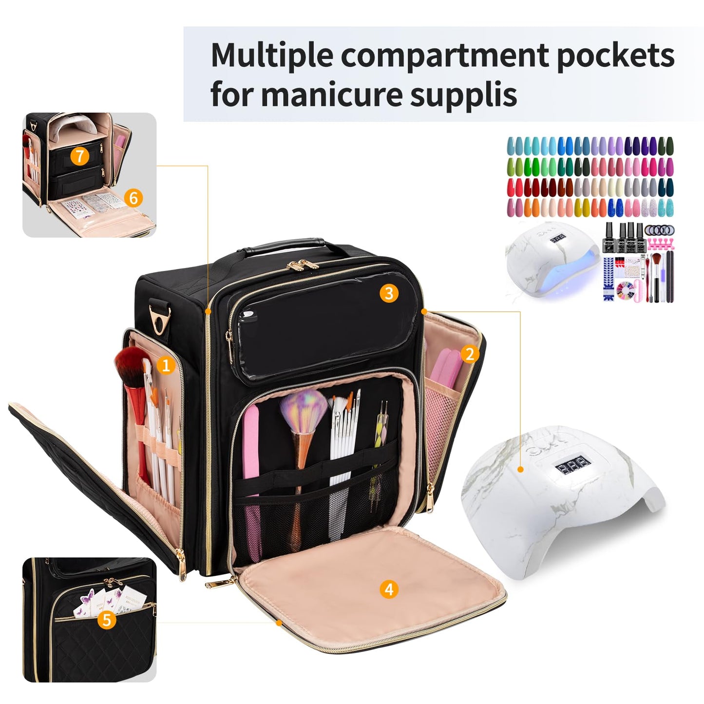 OCHEAL Nail Polish Organizer, Holds Nail Lamp and 75+ Bottles, Nail Polish Holder Case with 3 Individual Pouches Fit Manicure Tools Storage for Manicurist Travel Carrying Bag -Black