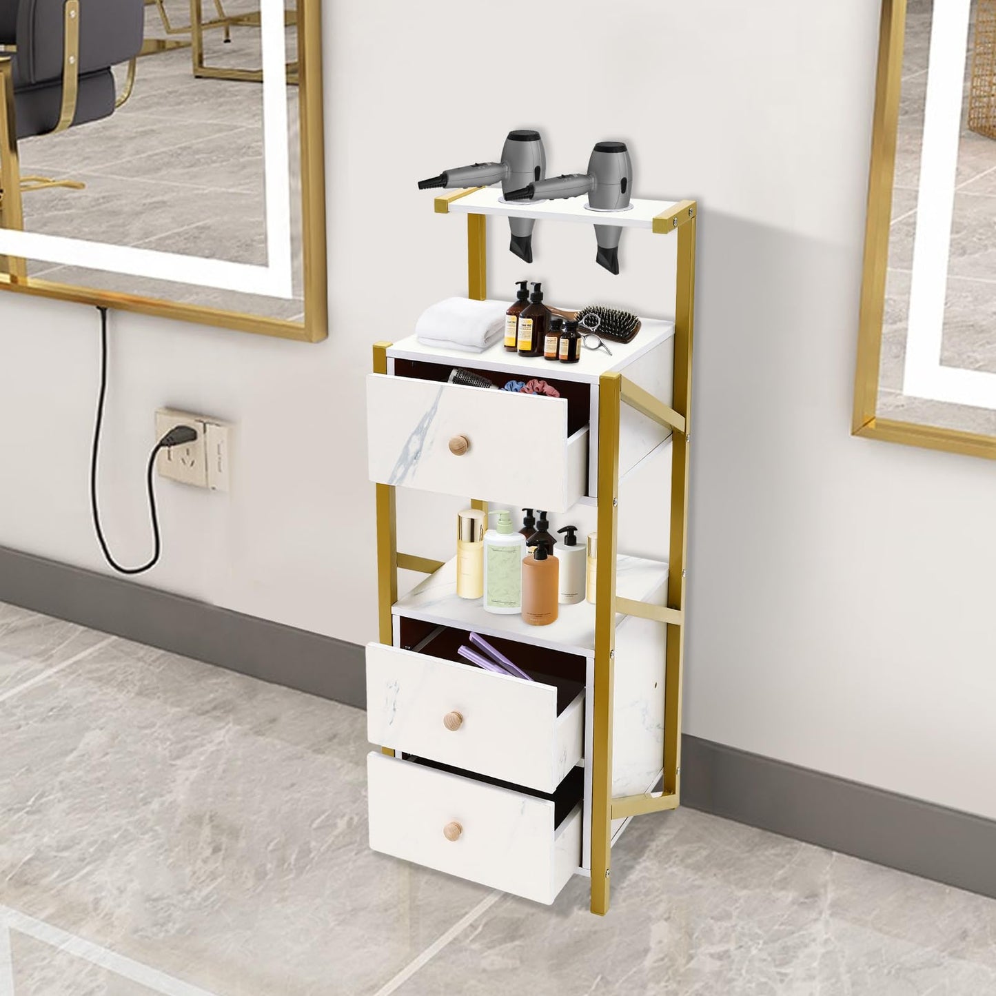 Beauty Salon Station Barber Stations w/Drawer, Makeup Storage w/Hair Dryer Holder Organizer Equipment for Barber-Stores