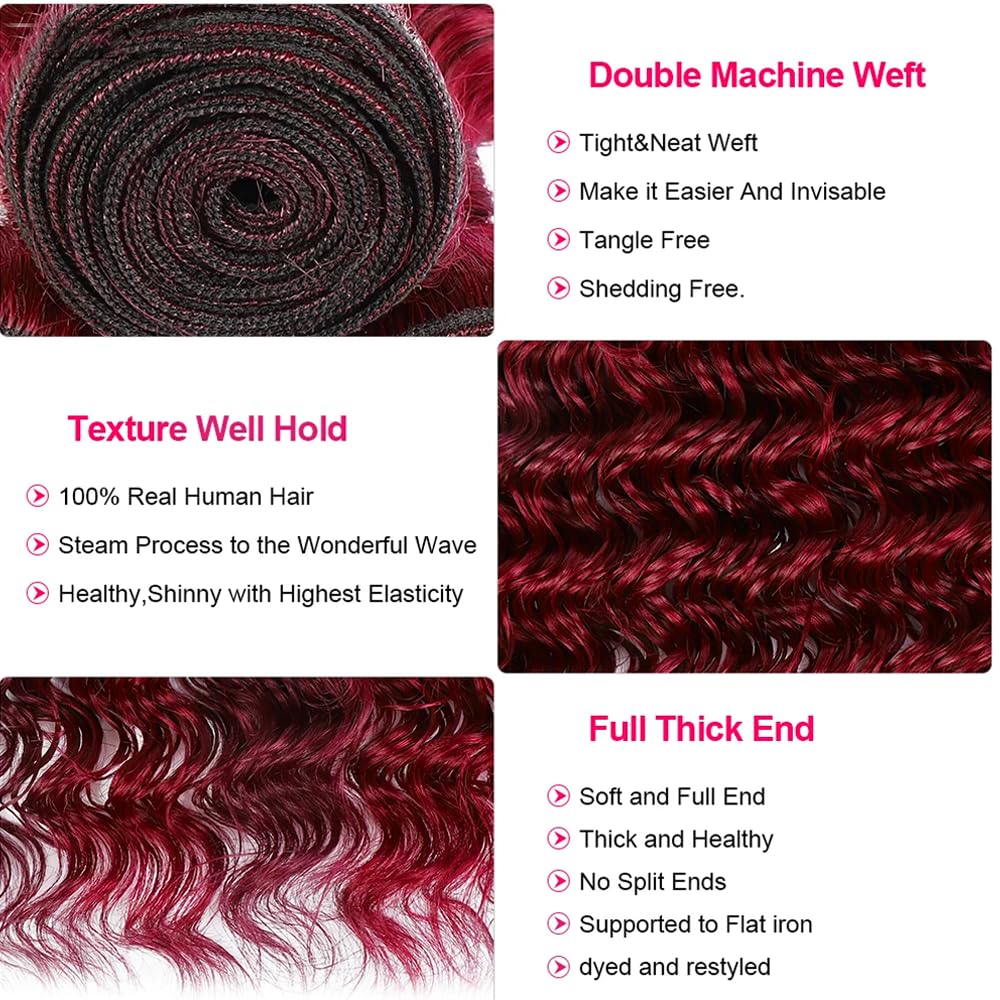 Burgundy Bundles Human Hair Burgundy Deep Wave Bundles 12 14 16 inch Red Human Hair Bundle 99J Deep Wave Bundle 150g
