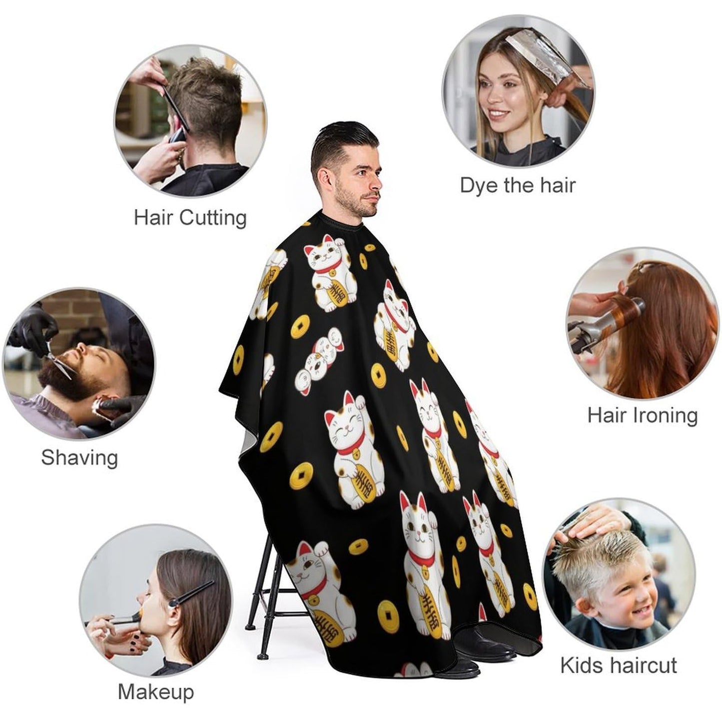 Women's Professional Hair Cutting Cape with Adjustable, Japanese Lucky Cat Kitten Cats Black Closure Barber Cape