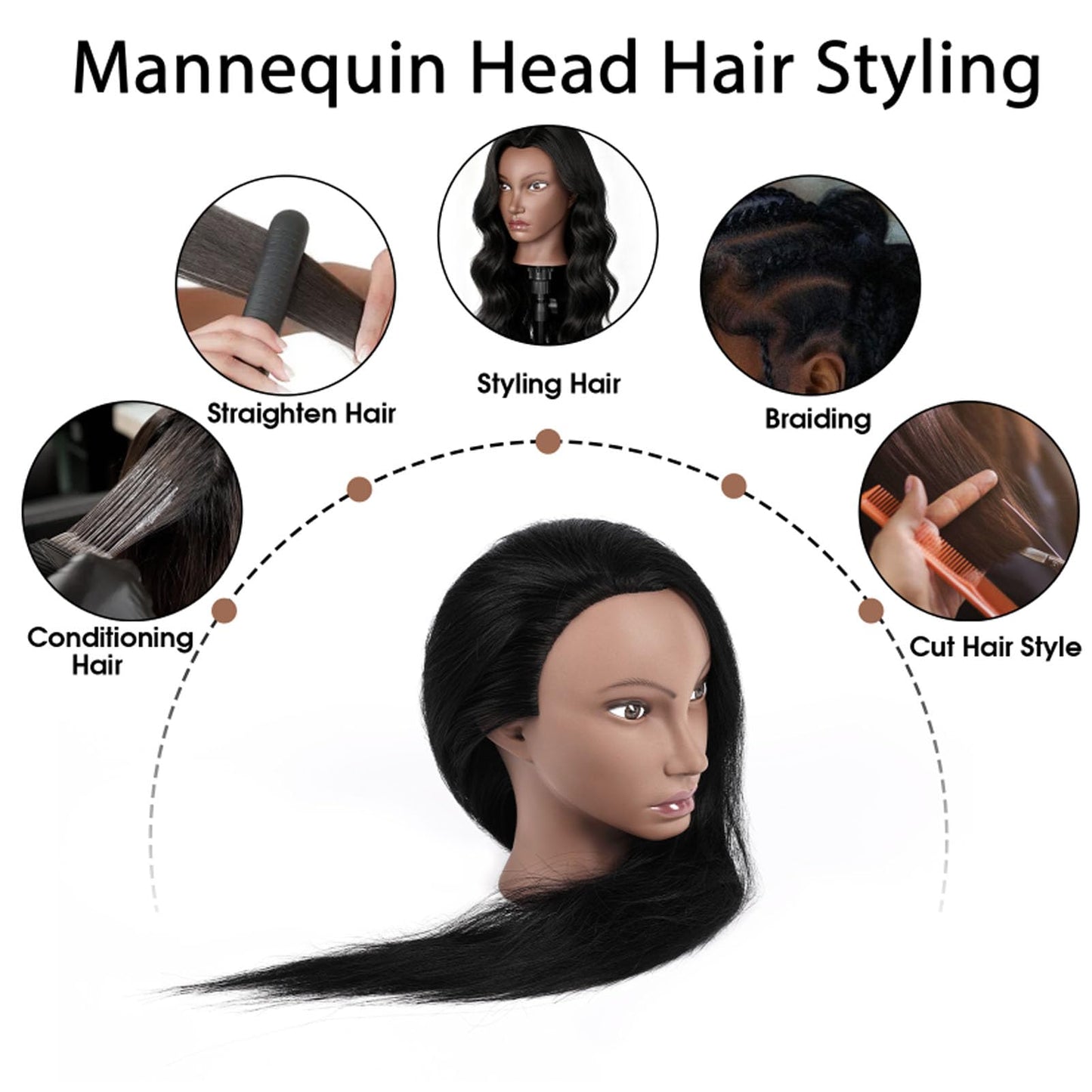 100% Real Hair Mannequin Head,TopDirect 26''Black Hairdresser Cosmetology Doll Head Styling,Manikin Heads Hairs Braiding DIY Styling with Clamp Holder and Tools Set