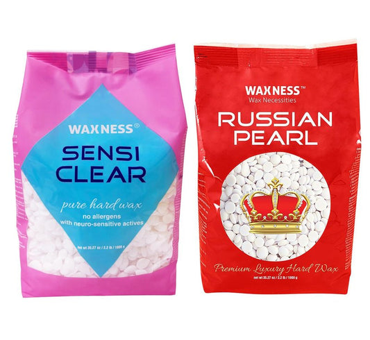 Waxness RUSSIAN PEARL (Creamy) and SENSI CLEAR (Gel) Rosin-Free Stripless Hard Wax for Sensitive Skin, Brazilian & Full Body Hair Removal 2.2 lb / 1 kg Each, Pack of 2, Made in Italy