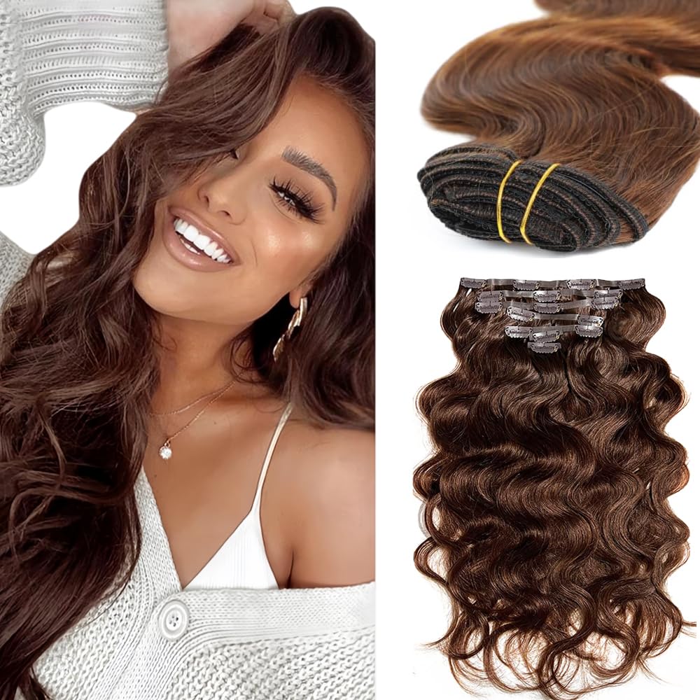 #4 Brown Clip in Hair Extensions Real Human Hair,20 Inch 120g/7Pcs,Full Shine Dark Brown Remy Human Hair,Chocolate Brown Body Wave Clip ins Brazilian Hair Extensions