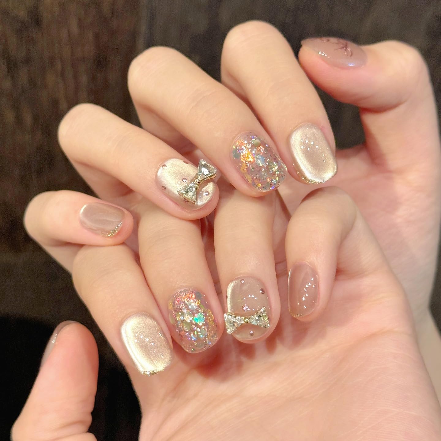 Handmade Press On Nails - Nude Pink Glitter French Tips | 10 Pcs Reusable & Easy to Apply