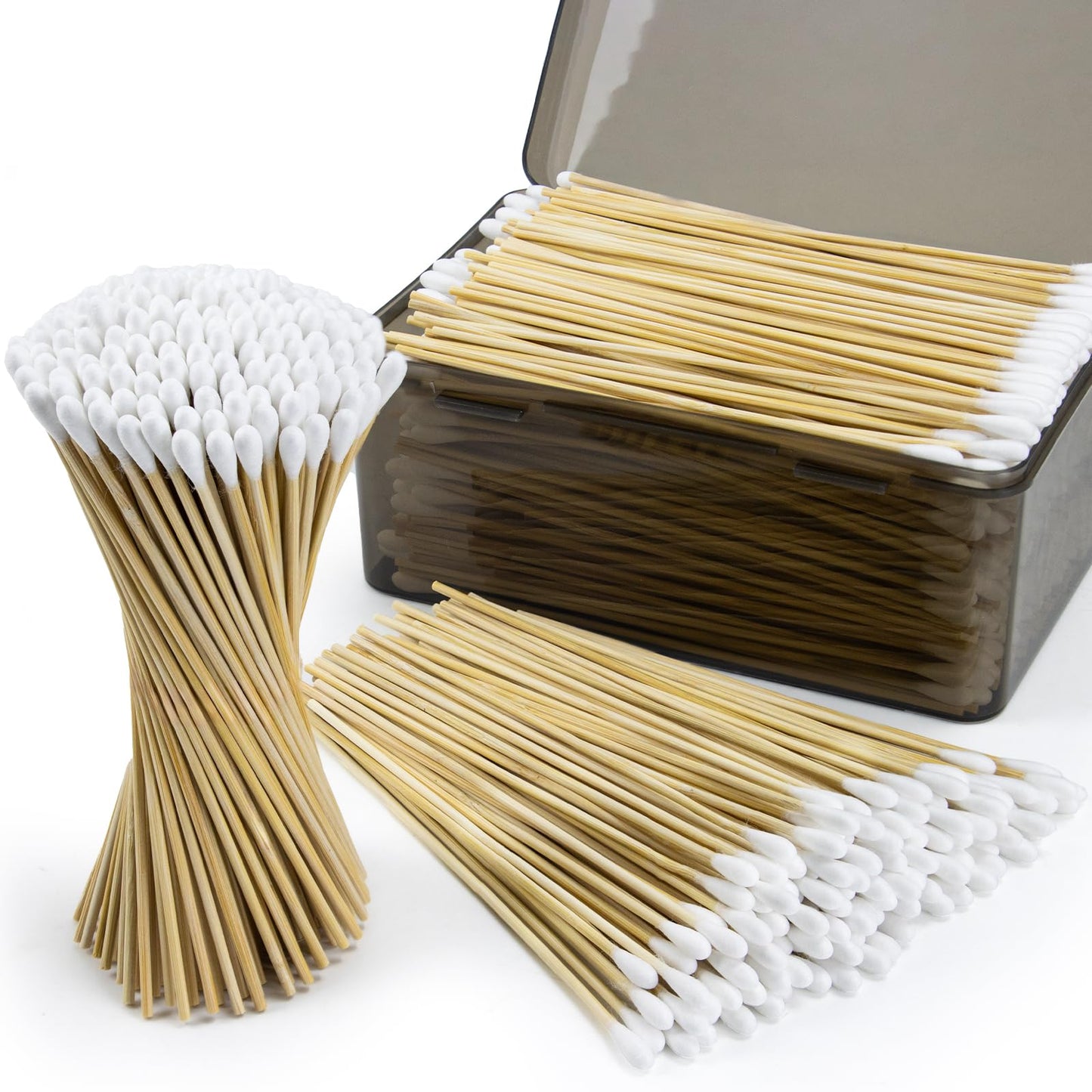 OwnWise 600 PCS Long Cotton Swabs in Storage Box, 6 Inch Wooden Cotton Swabs with Bamboo Stick, Lint-free Cotton Tipped Applicators for Pet Care, Makeup, Home