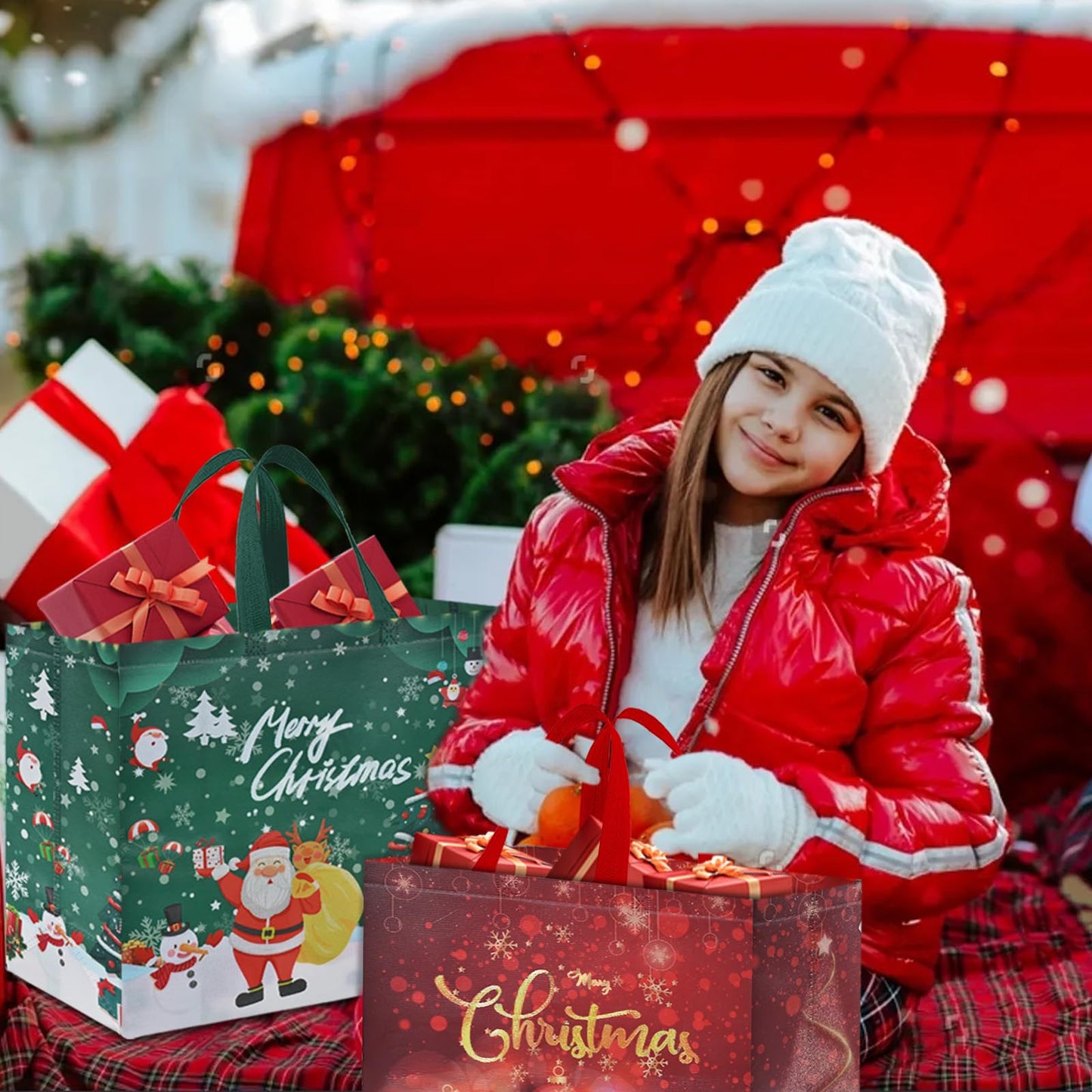 AhfuLife 12PCS Extra Large Christmas Gift Bags, 15.7'' x 14.2''x 5.9'', Christmas Tote Bags with Handles, Reusable Non-woven Shopping Bag for Xmas's Party Supplies New Year Decorations