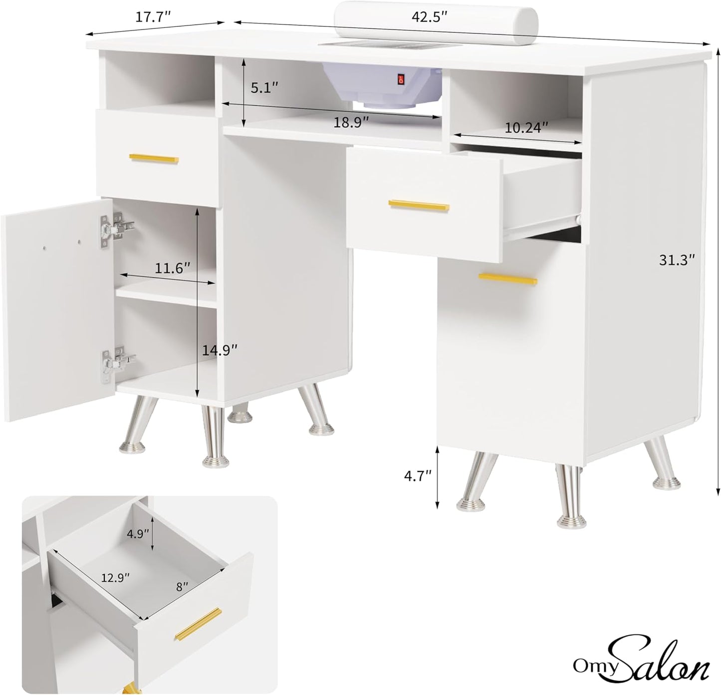 OmySalon Manicure Table - Nail Desk with Dust Collector & Storage | Acetone Resistant, White