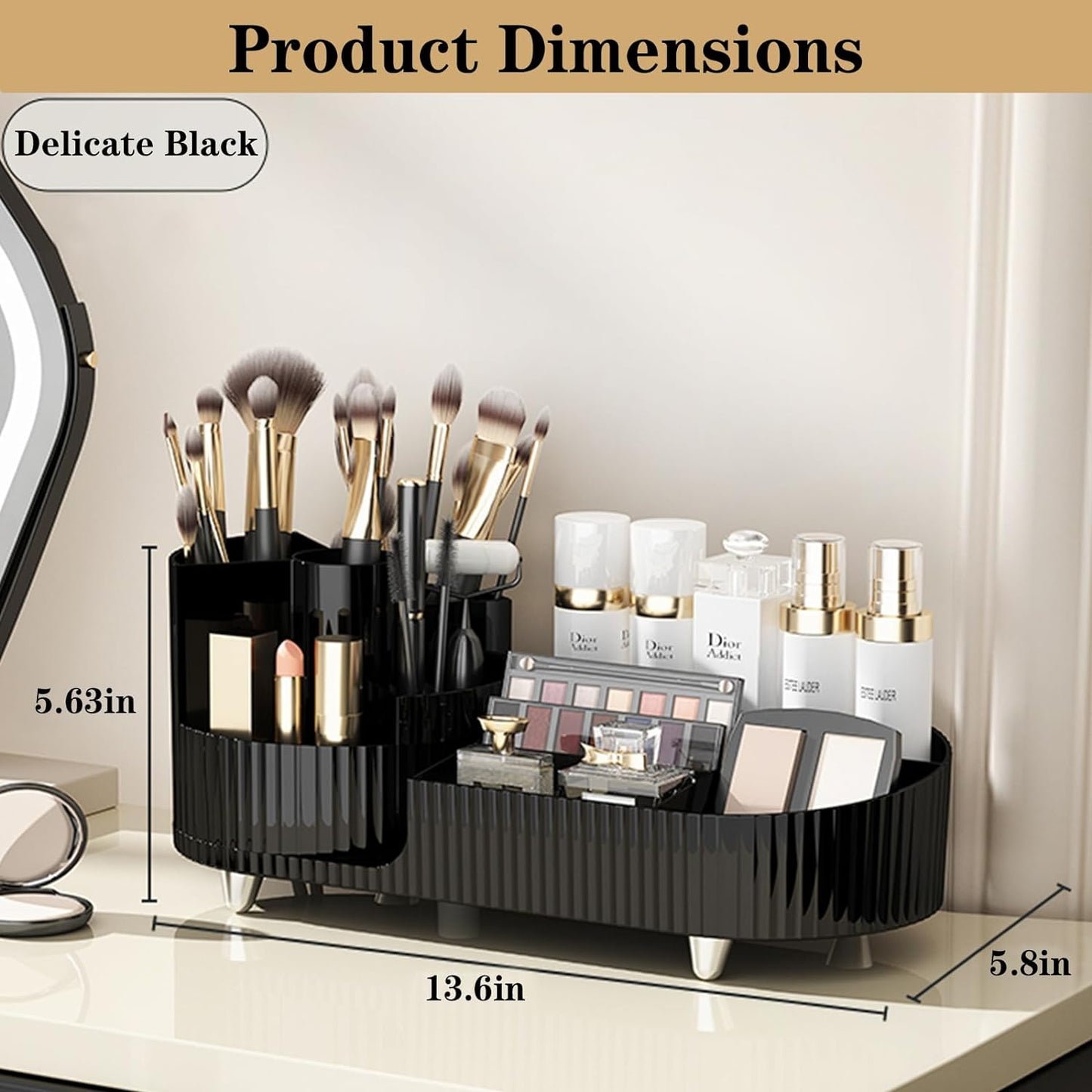 Rotating Makeup Organizer - Large Spinning Vanity Storage with Brush Holder | Black Cosmetic Display Case