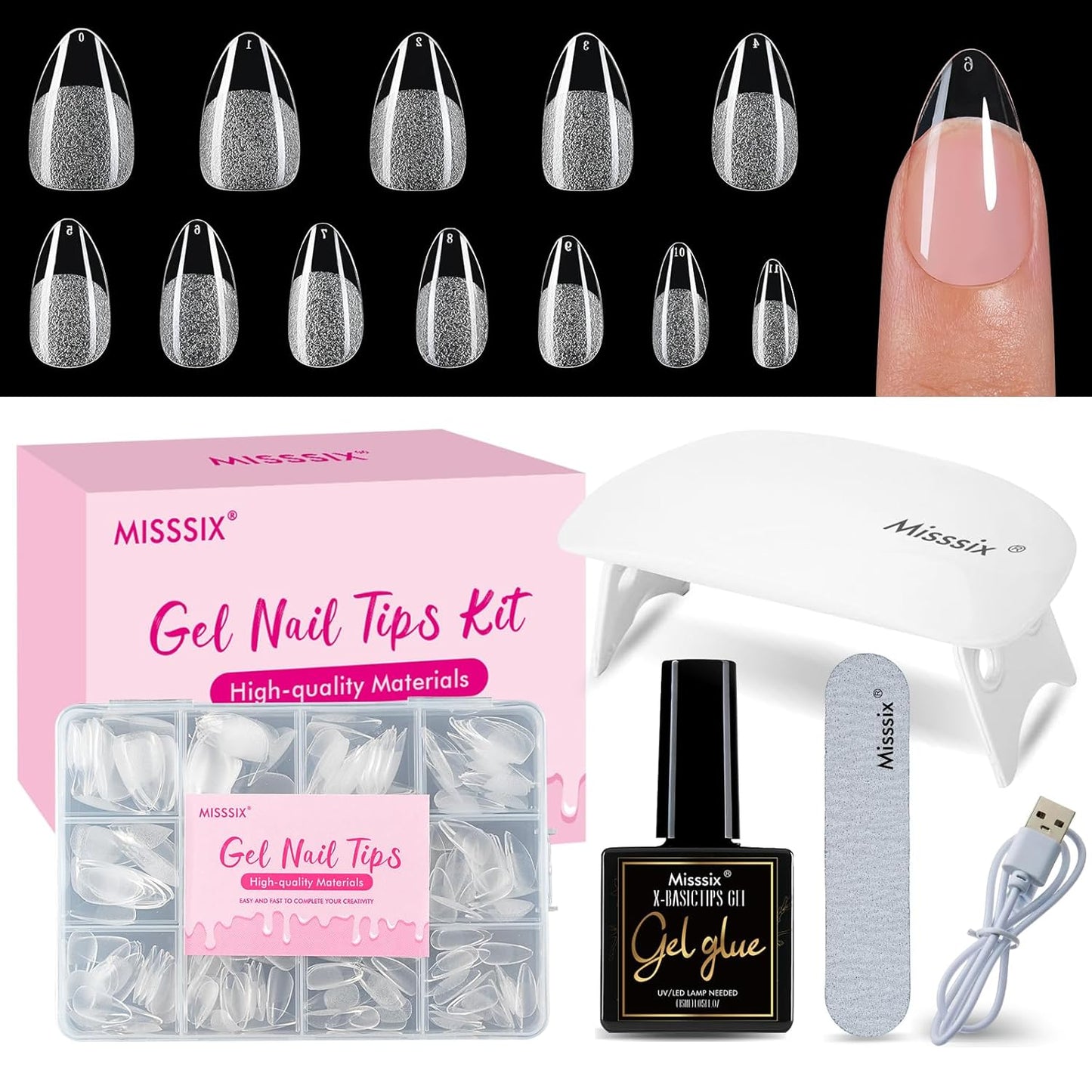 Almond Gel Nail Tips Kit - 216 Pre-Etched Clear Fake Nails | 9-in-1 Gel Glue & Mini UV Lamp for Women, 12 Sizes