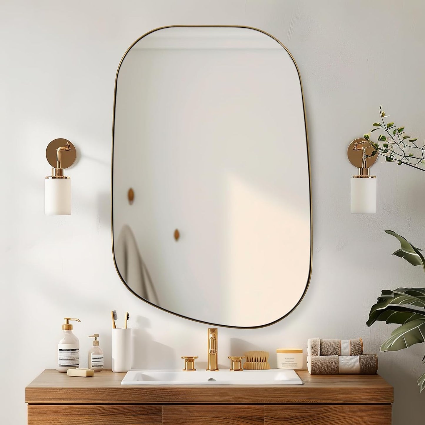 Chrome Asymmetrical Wall Mirror - Unique 24"x32" Irregular Design with SUS304 Stainless Steel Frame for Bathroom, Bedroom, Entryway