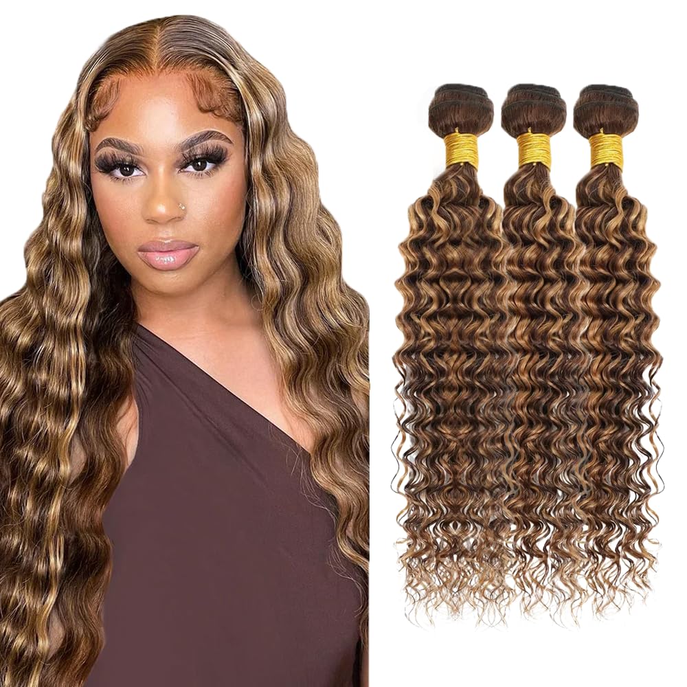 Highlight Bundles P427 Human Hair Bundles Dark Brown Bundle 16 18 20 inch Ombre Brown Deep Wave Bundle 150g