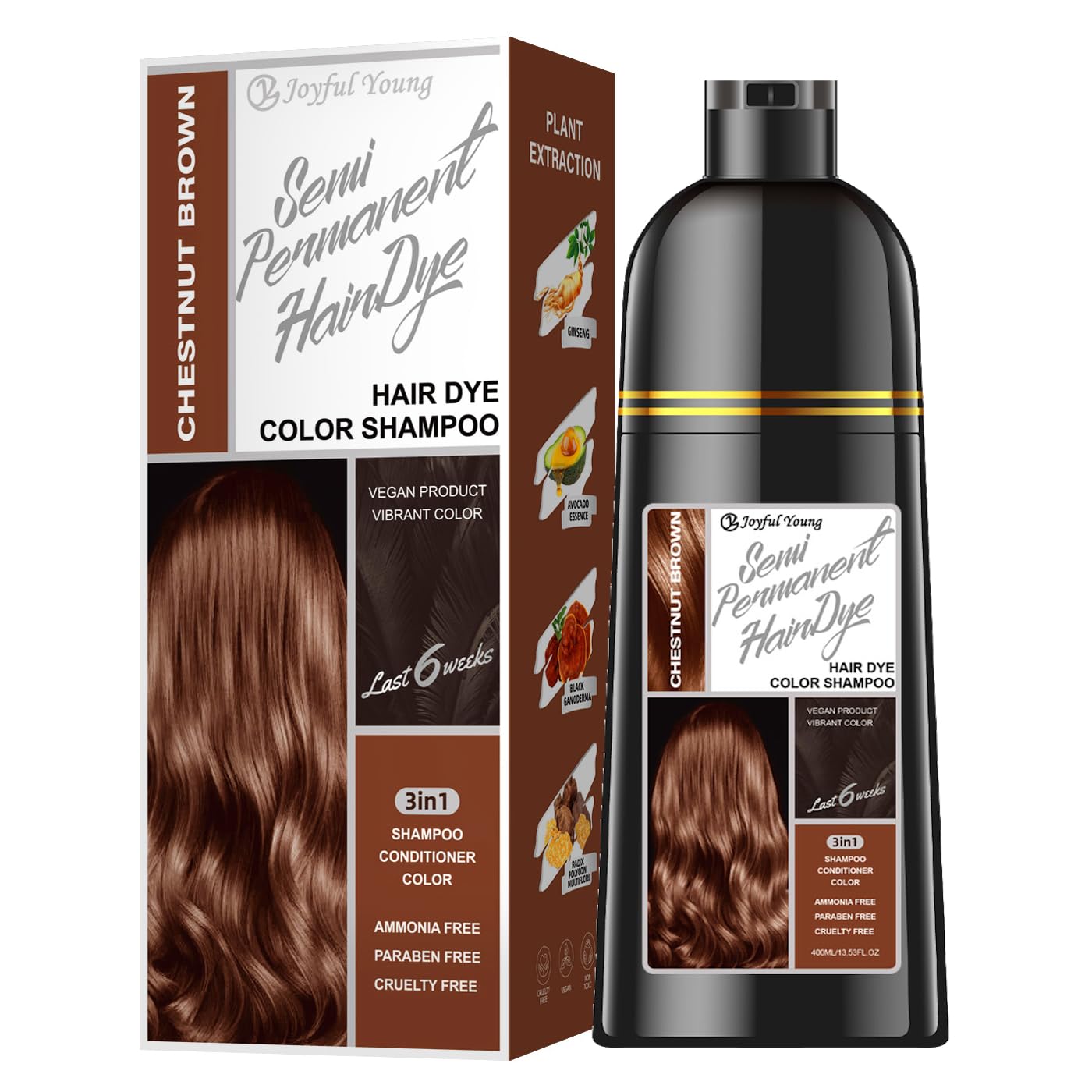 Joyful Young Hair Dye Shampoo - 3-in-1 Ash Brown Semi-Permanent Color Depositing Shampoo for Gray Hair | Vegan & Ammonia-Free