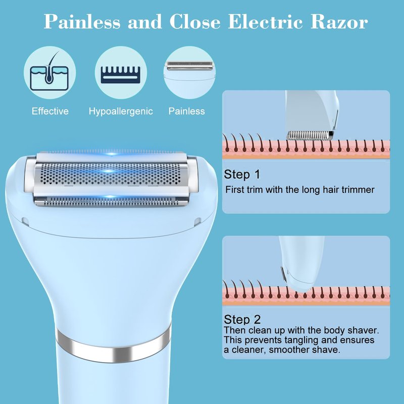 Zivelier 3-in-1 Electric Razor IPX7 Waterproof Bikini Trimmer Wet & Dry Use Painless Personal Trimmer Groomer for Ladies Face Body Legs Bikini Public Hairs Electric Lady Shaver with Replaceable Heads