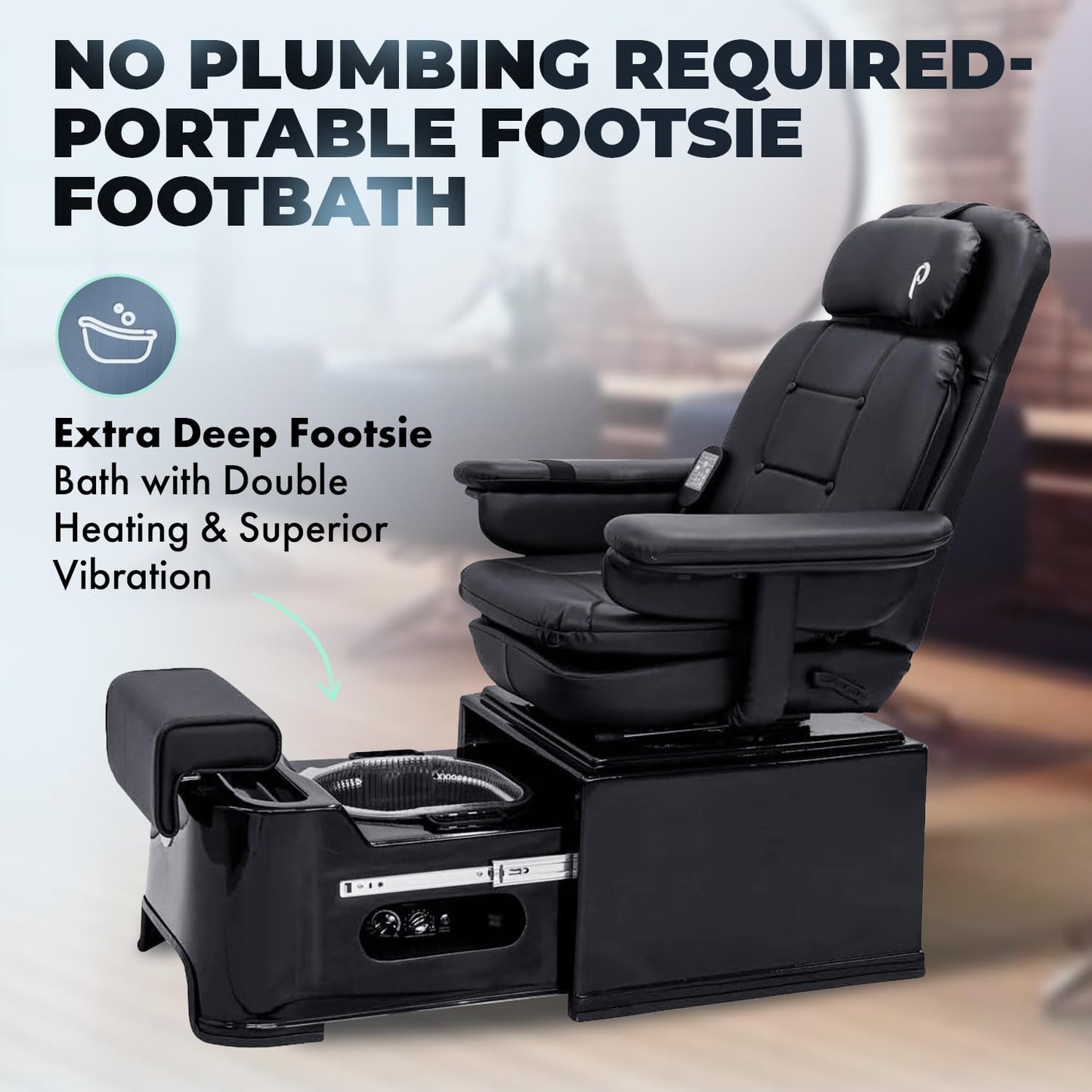 Pibbs PS92 No Plumbing Pedicure Spa Chair with Footsie Bath & Disposable Liners, Reclining Swivel Vibration Chair, Adjustable Footrest & Durable Fiberglass Base, Black, 57"x33"x16", PIB-PS92