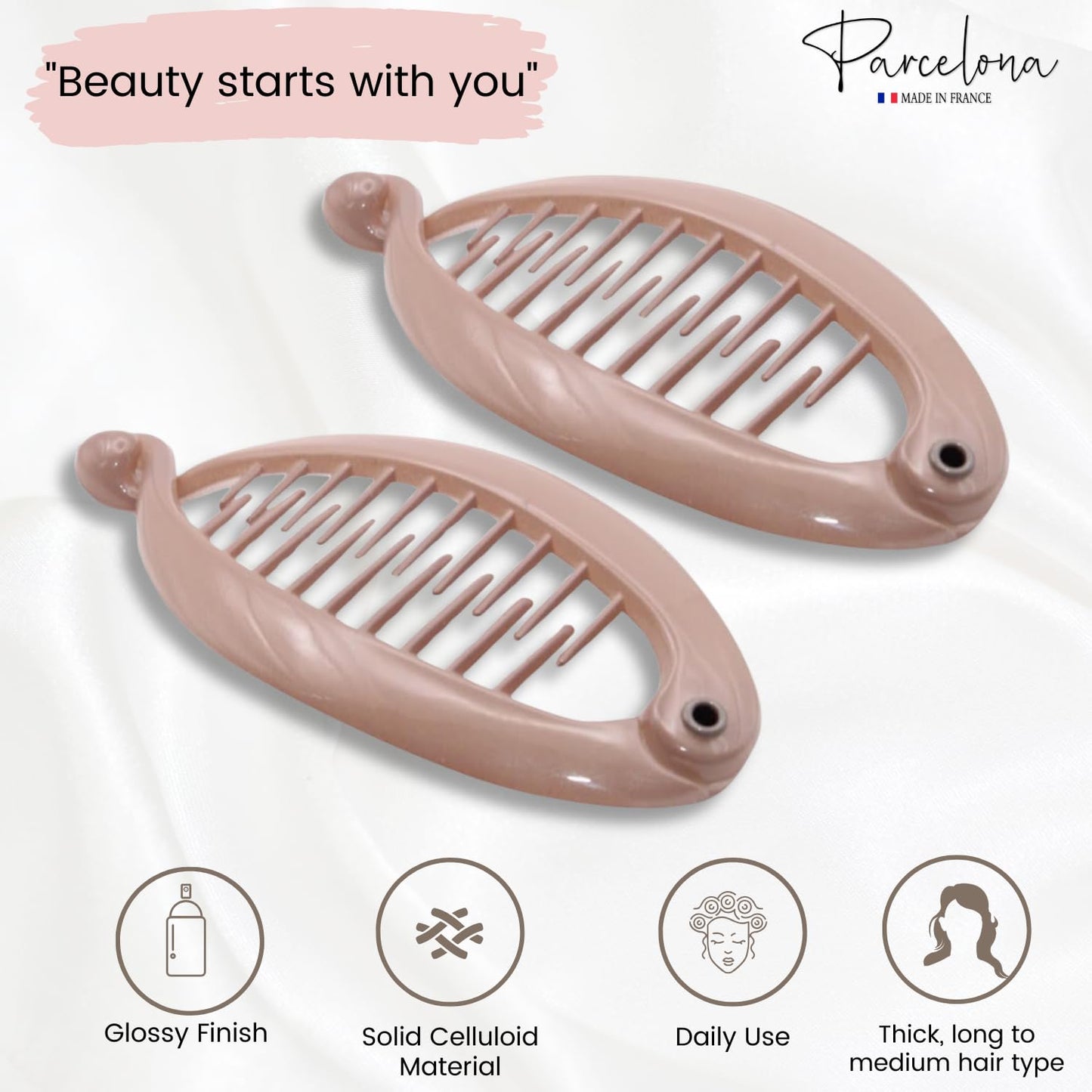 French Mini Blush Pink Hair Clips - Pack of 2 Celluloid Banana Clips for Thick Hair