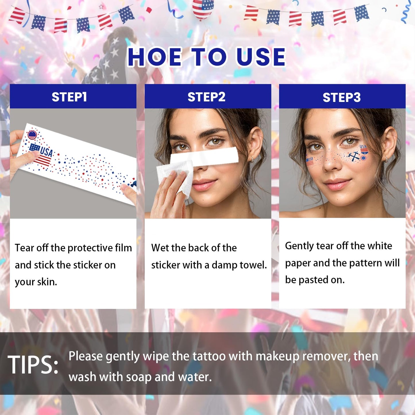 4th of July Glitter Freckles Face Tattoos, 18Pcs Independence Day Temporary Face Tattoos for Women and Girls, Patriotic Red White Blue Makeup Stickers for Memorial Day, Festival Party Decorations