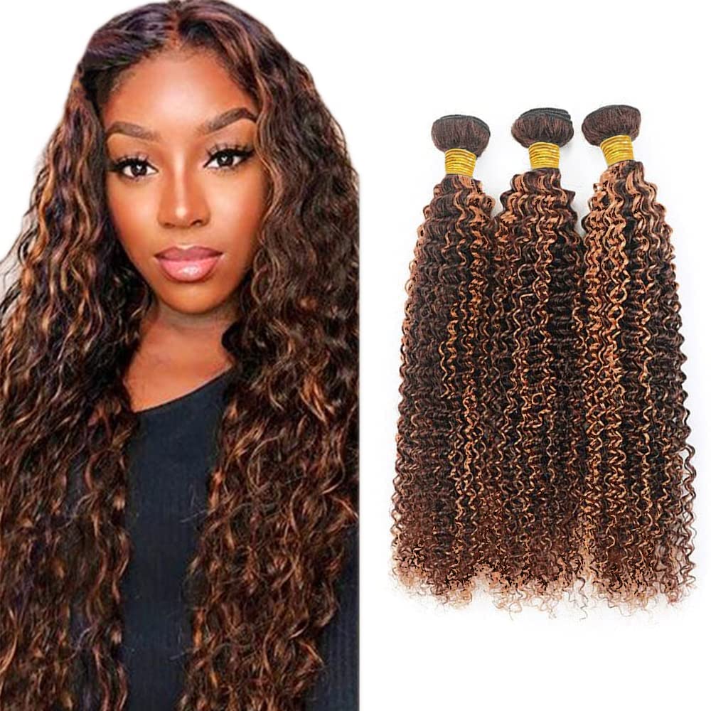 Freiuoke Brown Bundle 4/30 Kinky Curly Bundles Human Hair Unprocessed Virgin Hair 1 Bundle 26 Inch Two Tone Brown Mixed Light Brown Bundle 100g