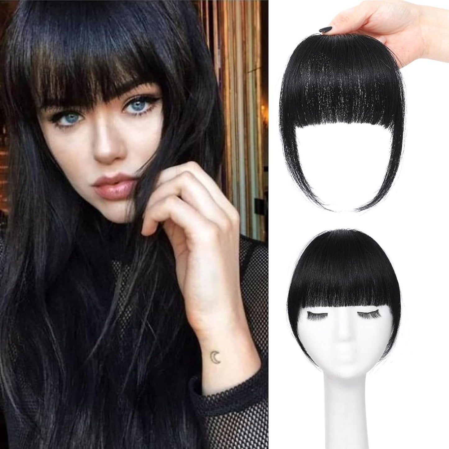 Clip In Bangs - 100% Real Human Hair Extensions | Natural Black Wispy Fringe for Women