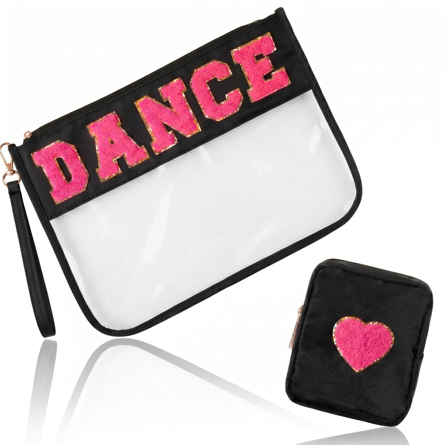 Hillban 2 Pcs Dance Recital Gifts Makeup Bags Chenille Letter Bags for Dance Team Gifts PVC Clear Cheer Case Toiletry Zipper Pouch for Women Ballet Competition Accessories Dancer Stuff
