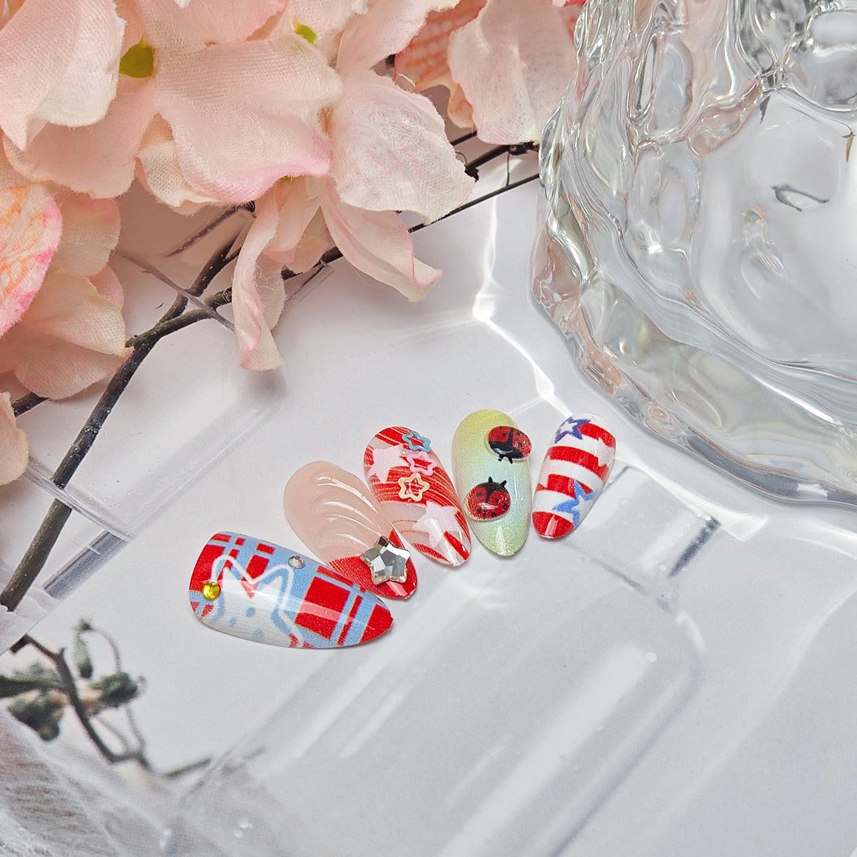 Press On Nails - 24Pcs Medium Almond French Tip with American Flag | Patriotic Y2K Design for Independence Day