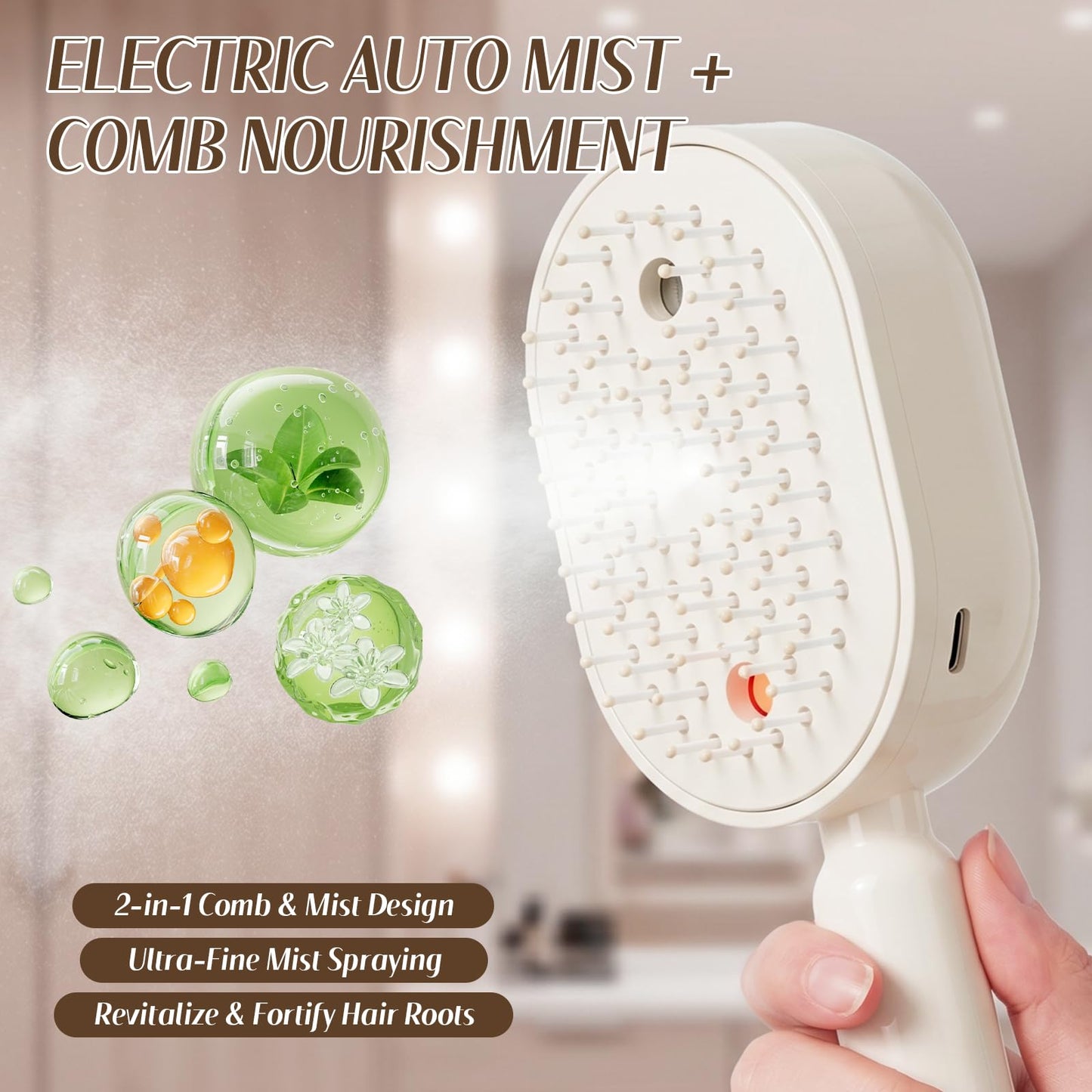 Electric Spray Hair Comb – 3-in-1 Steaming & Detangling Brush, Type-C Rechargeable, 10ml Refillable Tank for Water/Oil, Anti-Frizz, Hydrating for Dry/Curly Hair, Self-Cleaning (Lavender)