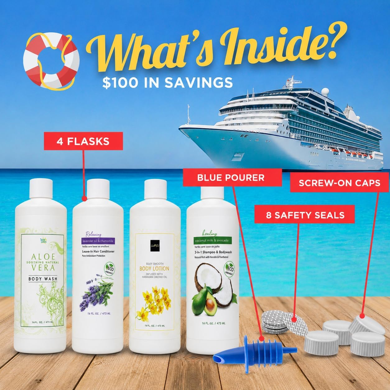 Smuggs Jugs Cruise Essentials: Hidden Liquor Containers Smuggling Kit, Leakproof Rum Runners for Cruise, 4-17.3 oz Bottles Hidden Flasks for Liquor Disguise Fake Shampoo Bottles for Travel