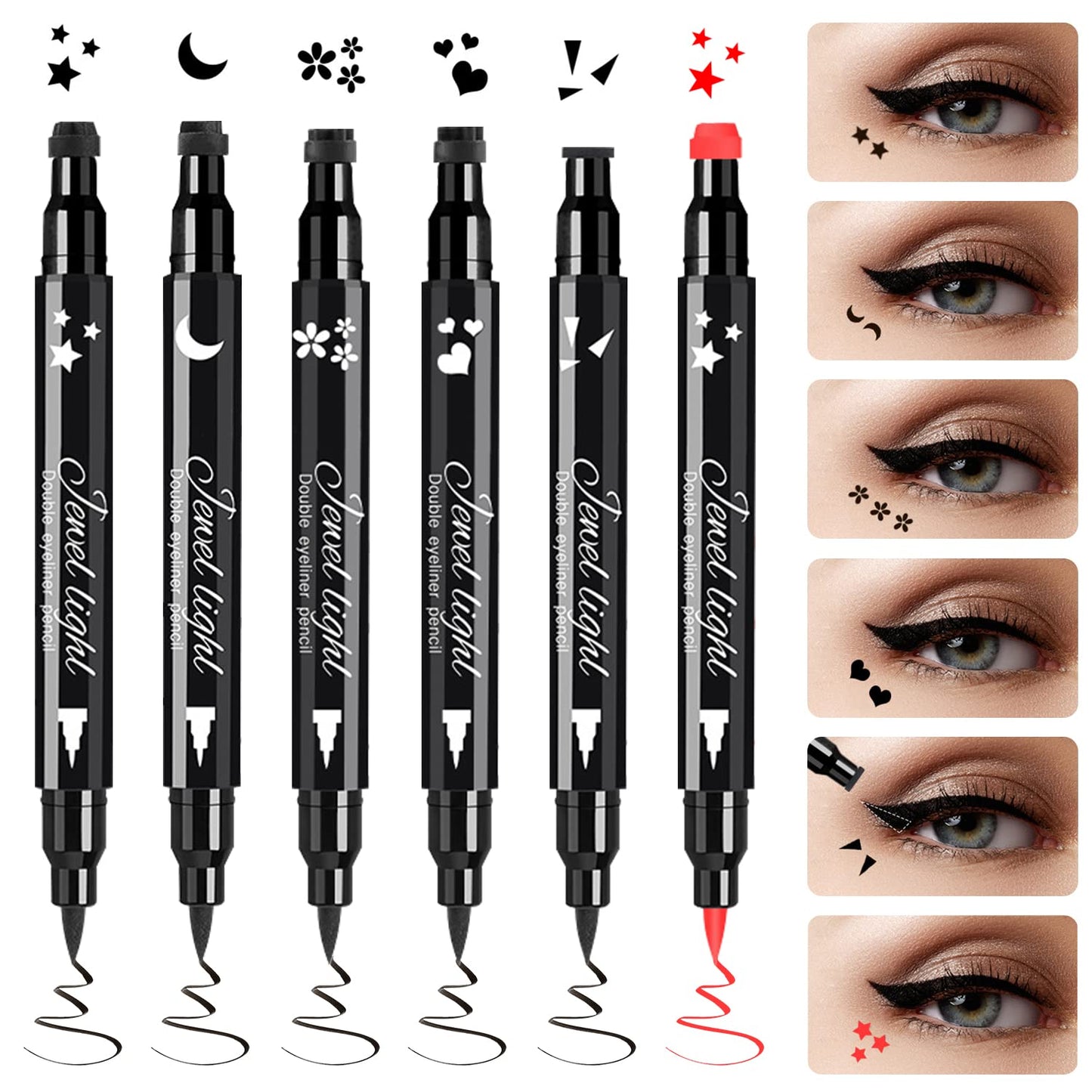 Eyeliner Stamp Set - 6 Double-Ended Winged Pens with Heart, Star, Plum, Triangle & Moon Shapes | Waterproof Liquid Eyeliner for Festival & Cosplay Makeup