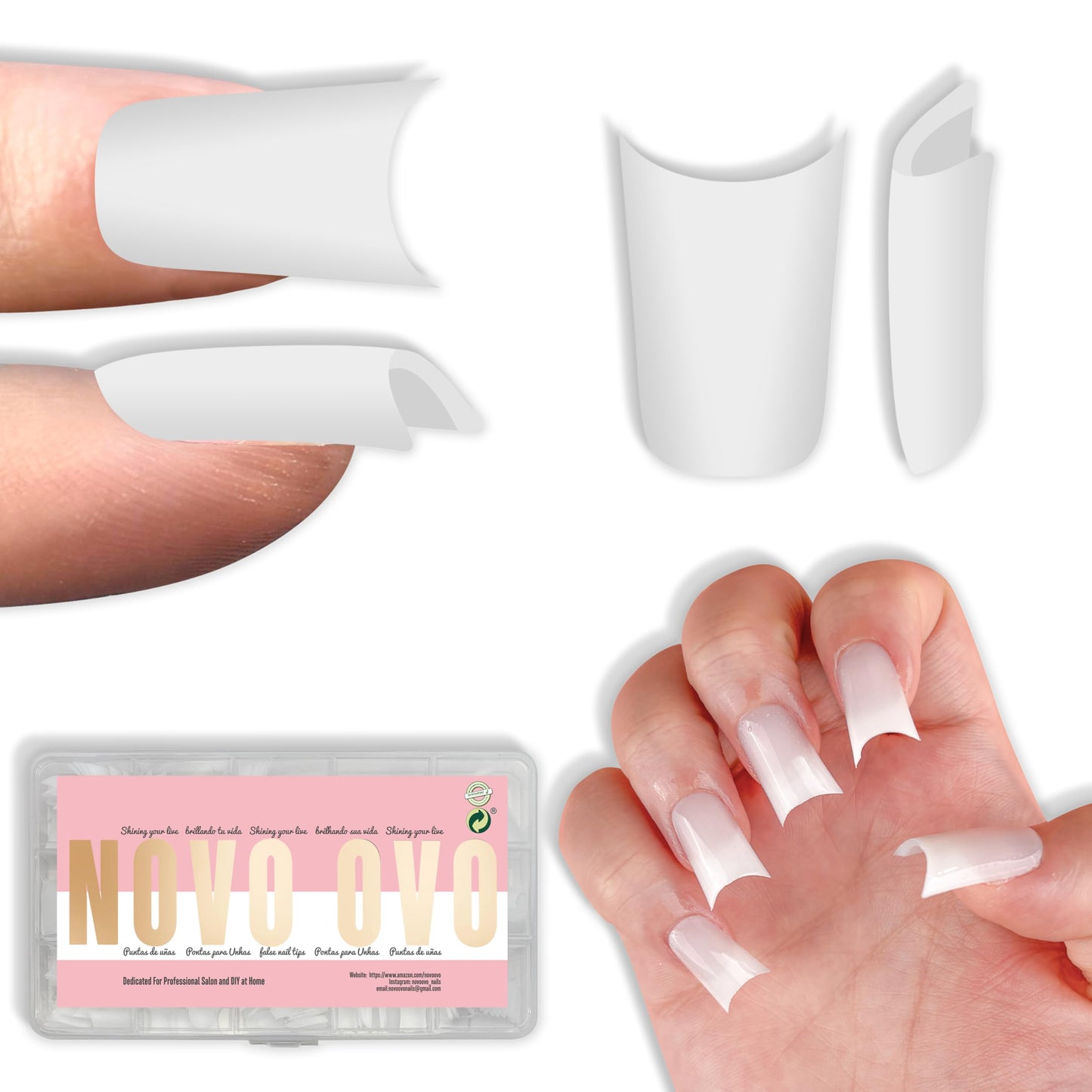 NOVO OVO Square French Tip Nail Tips, Extra Thick Soft Gel Tips Full Cover, Pre-Etched False Nails (Need Builder Glue Gel & Top Coat)