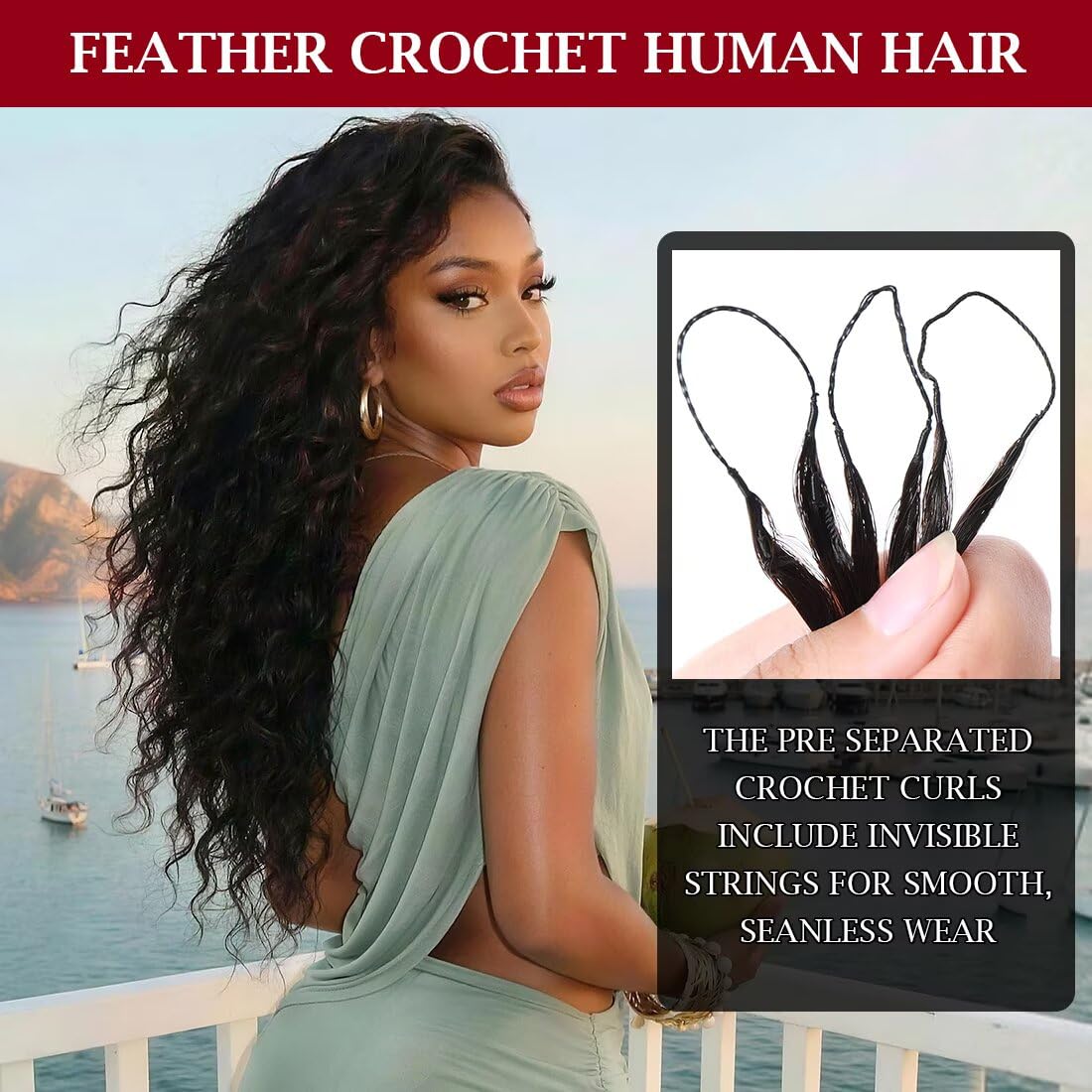 Miracle Knots Feather Human Crochet Hair 16 Inch 110g Pre-Looped 100% Human Hair for Deep Crochet Styles Invisible Seamless Knotless Soft Deep Wave Crochet Hair for Black Women (1B)