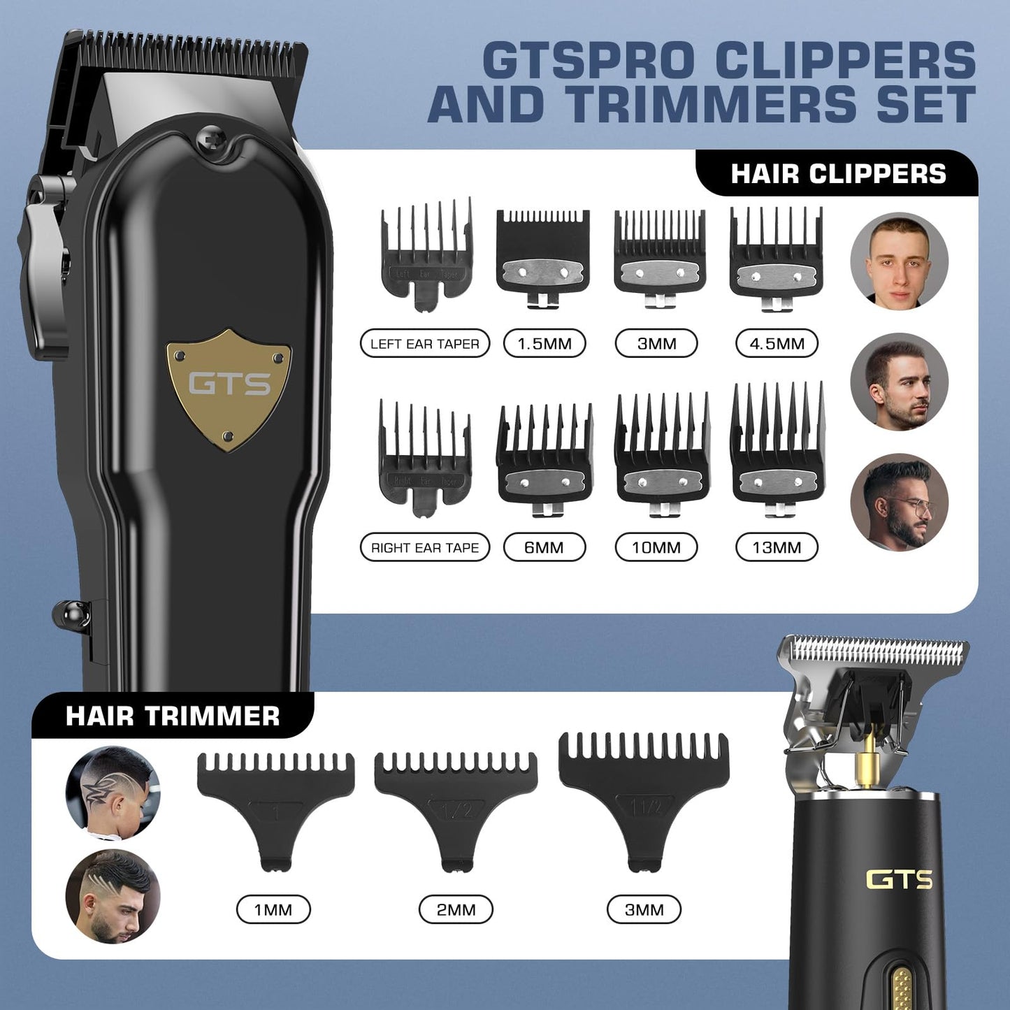 GTS PRO Hair Clippers for Men Professional Cordless Haircut Kit with Beard Trimmer Set, with IPX7 Electric Shavers, LED Display Rechargeable Barber Clippers for Home Use Gifts Black