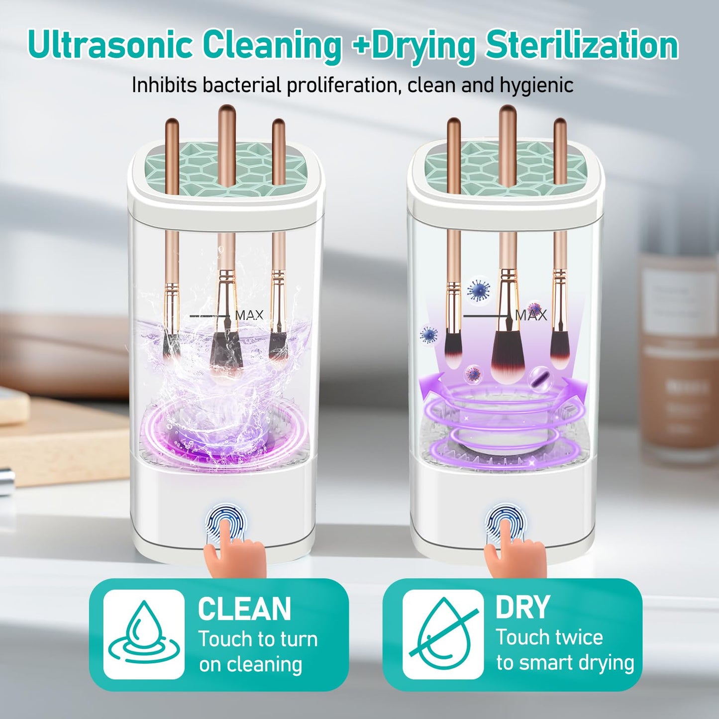 Makeup Brush Cleaner, Multi-Functional Cosmetic Brush Cleaner, Portable Automatic Makeup Brush Cleaning Solution with Dryer-Holder Makeup Brushes, Blush Brushes, and Sponges