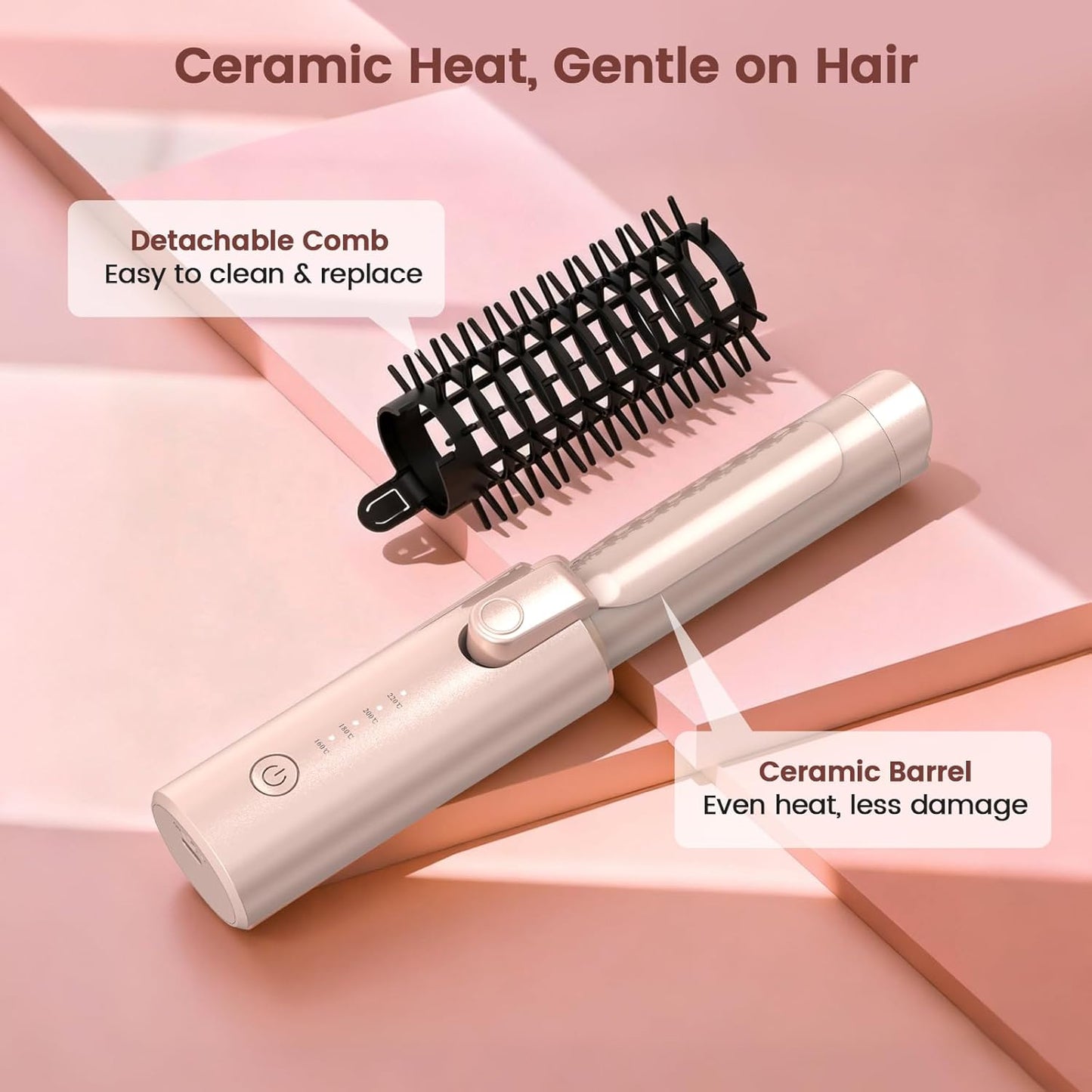 Youbella Cordless Hair Curling Iron Brush - 3-in-1 Mini Heated Round Brush | Portable USB Rechargeable, Pink
