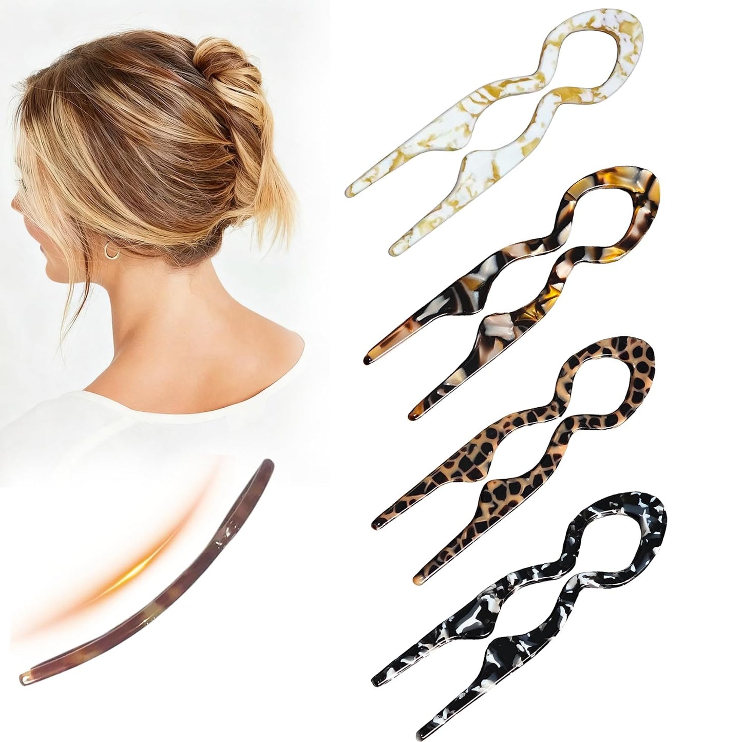 Prestige French Hair Pins - 4 PCS Tortoise Shell Hair Accessories for Updos & Buns | Strong Hold Acetate, 3.73”