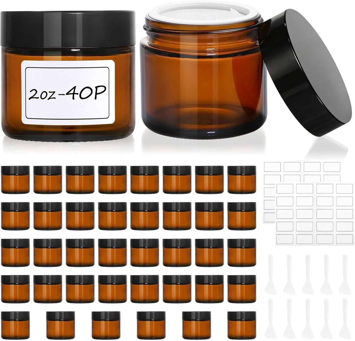 Amber Glass Jars - 30 Pcs 2 oz Leak-Proof Containers with Lids, Labels & Spatulas | Perfect for Essential Oils, Spices, DIY Projects