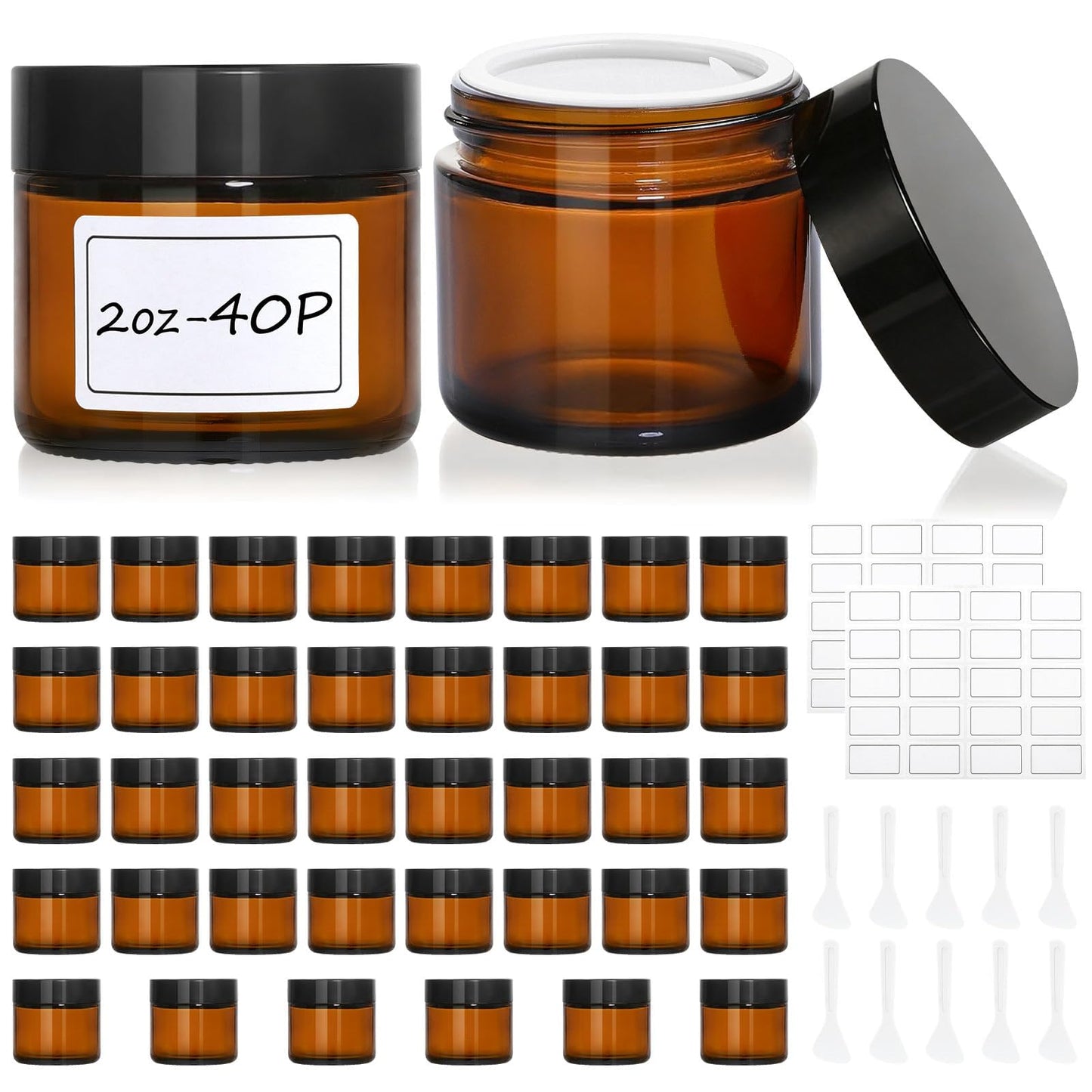 40 Pcs 2 oz Glass Jars with Lids, Amber Glass Jars with 40 Labels & 10 Spatulas, Inner Liners, LeakProof, UV-Protective,Round Glass Containers for Essential Oils, Spices, Candle Making,DIY