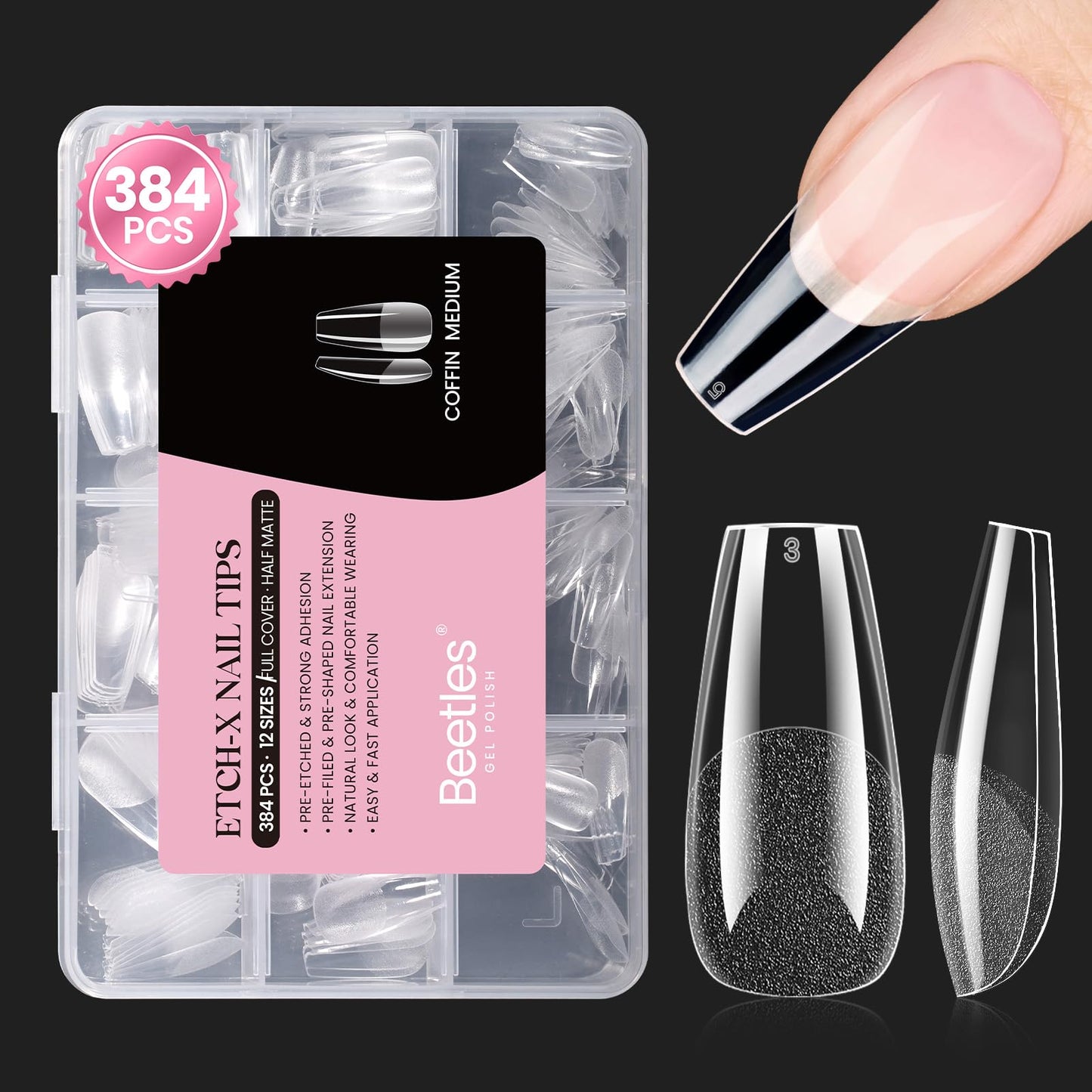 Beetles Gel Nail Tips Etch-X- Coffin Medium, 384pcs 12 Sizes, Pre-Etched Half Matte Full Cover Soft Gel Nail Tips, Press on False Nail Extension Acrylic Fake Nails, Easy DIY Salon Art