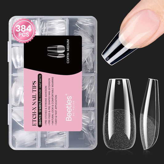 Beetles Gel Nail Tips Etch-X- Coffin Medium, 384pcs 12 Sizes, Pre-Etched Half Matte Full Cover Soft Gel Nail Tips, Press on False Nail Extension Acrylic Fake Nails, Easy DIY Salon Art