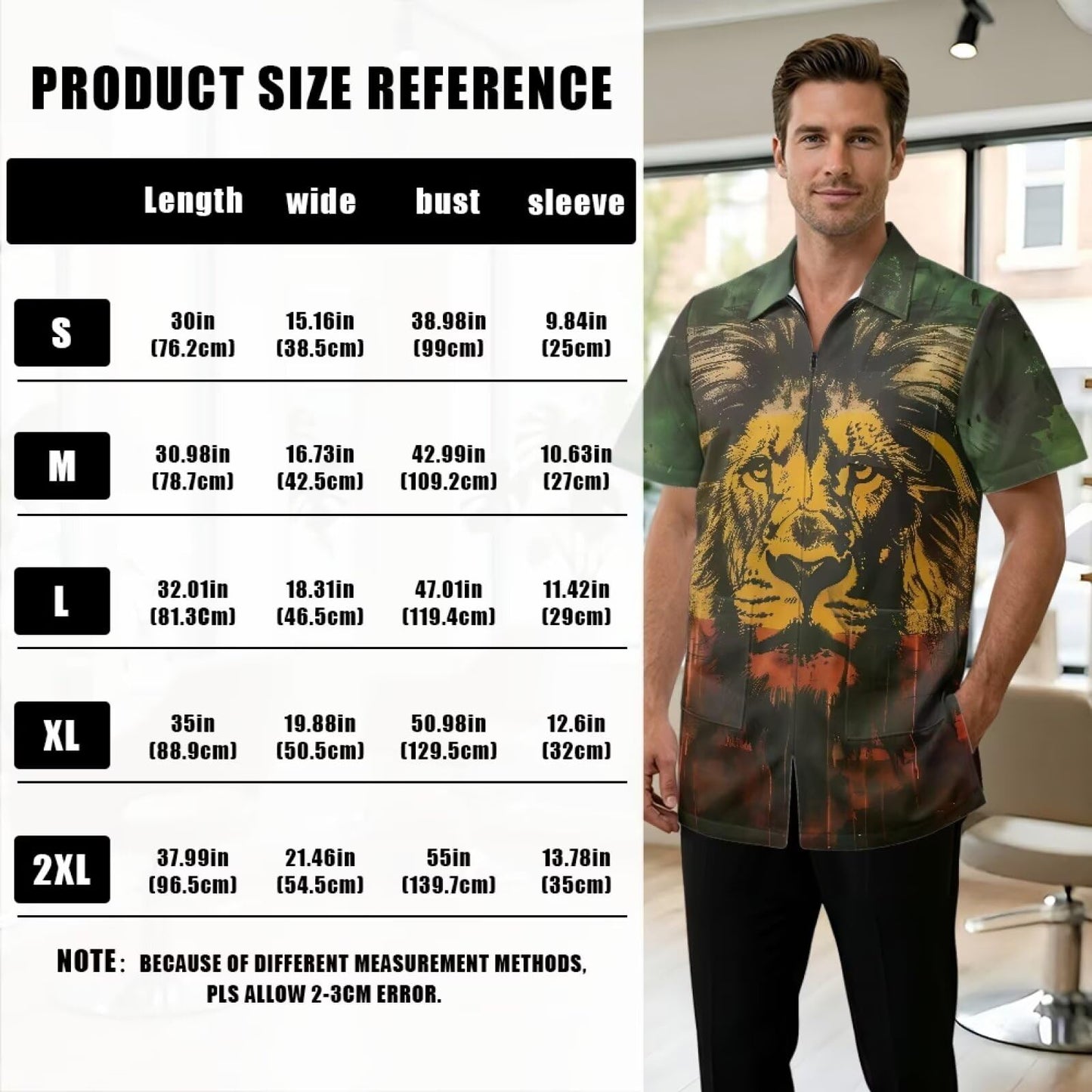 Srengjodk Rasta Lion Print Jacket For Barber Waterproof Hairdresser Smock, Green Anti-Static Grooming Smocks With 3 Pockets For Women Men Hair Stylist Work Vest Apron L L