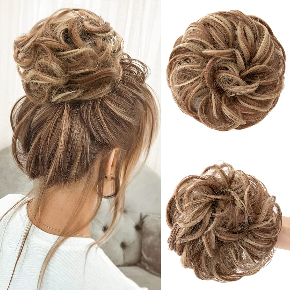 Large Messy Bun Hair Piece - Wavy Curly Synthetic Chignon Ponytail Extensions for Women | Dark Brown