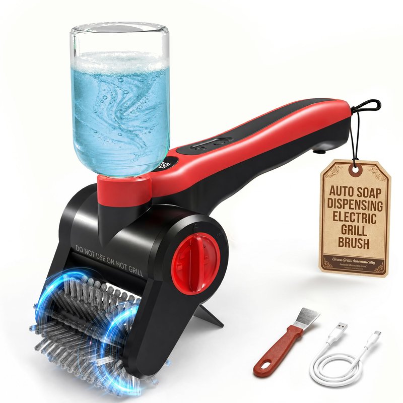 Nozrix Electric Grill Brush, 100W High Power Cordless BBQ Cleaner with 300ml Water Spray Tank, IPX8 Waterproof Automatic Scrubber for Gas Charcoal Grills, 2-Speed Rechargeable Power Brush with Scraper