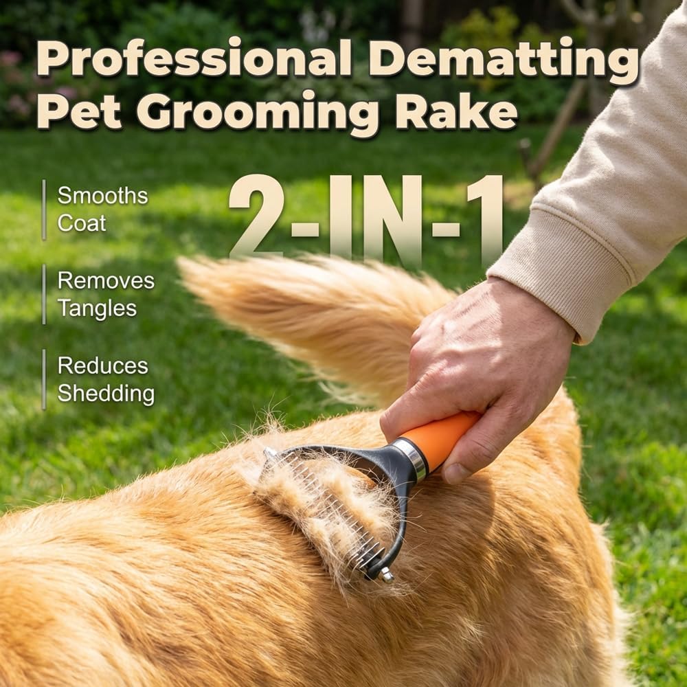 Pet Grooming Brush Tool, Double Sided Dematting Comb for Cats & Dogs, Undercoat Rake Dog Deshedding Brush, Pet Dematting Comb for Long Thick Haired Pets, Removes Tangles Knots and Loose (Green)